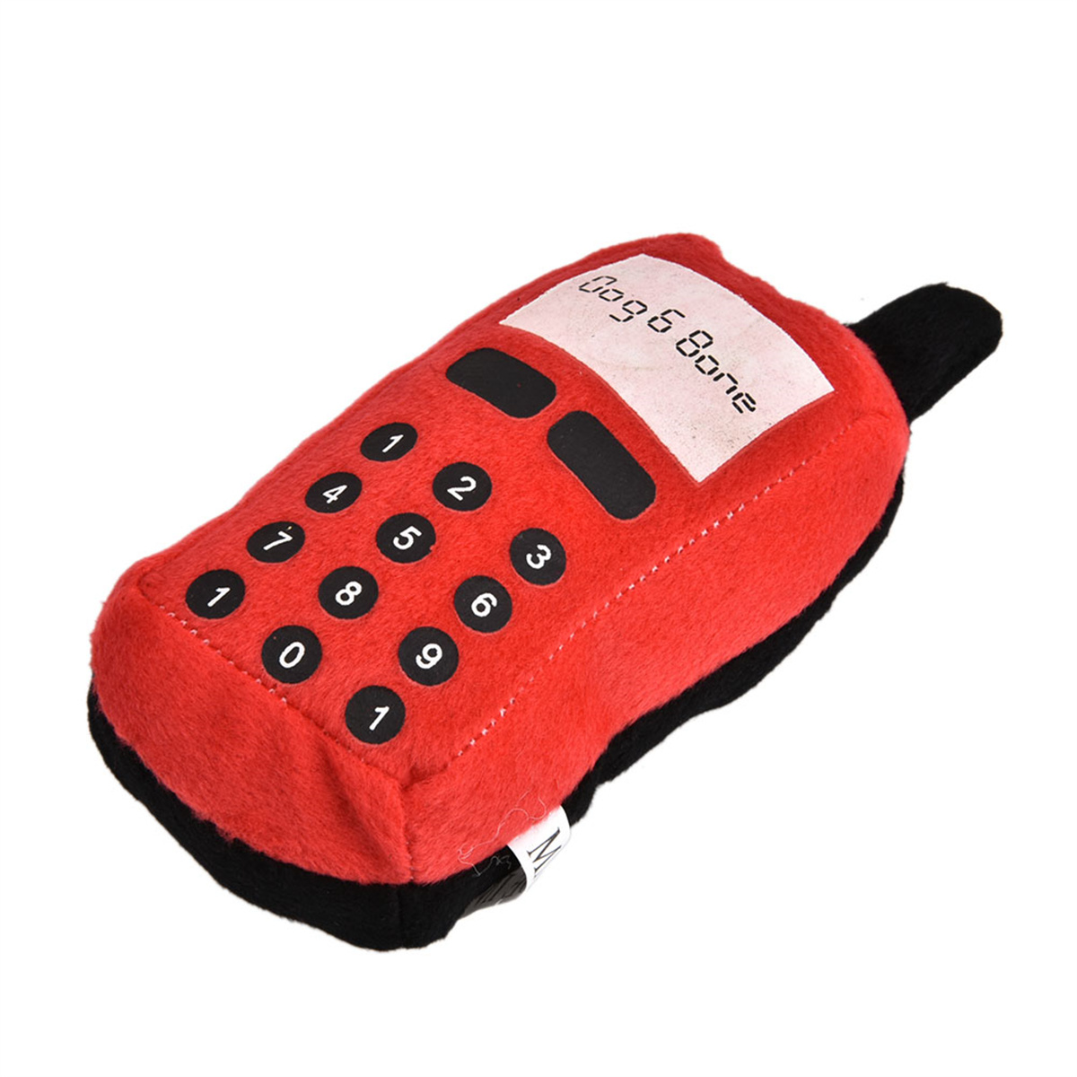 Rotes Plüsch-Hundespielzeug in Form eines Retro-Telefons. Schwarze Zahlen und Etikett.