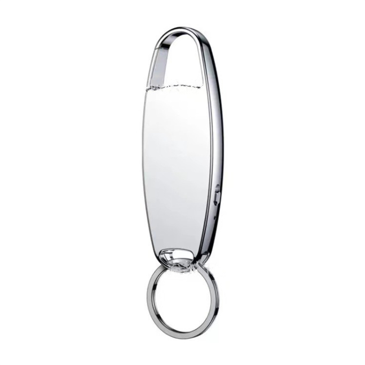 Silberner Schlüsselanhänger mit einem klaren, oval geformten Behälter.