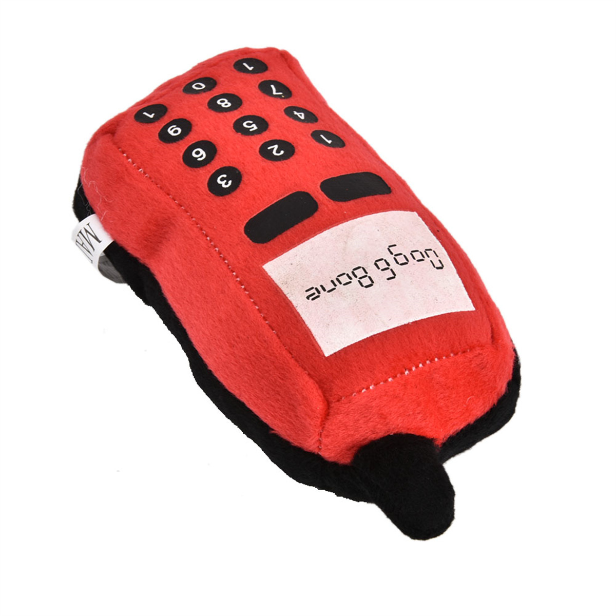 Rotes Plüschtier in Form eines Retro-Telefons mit weißem Text darauf.