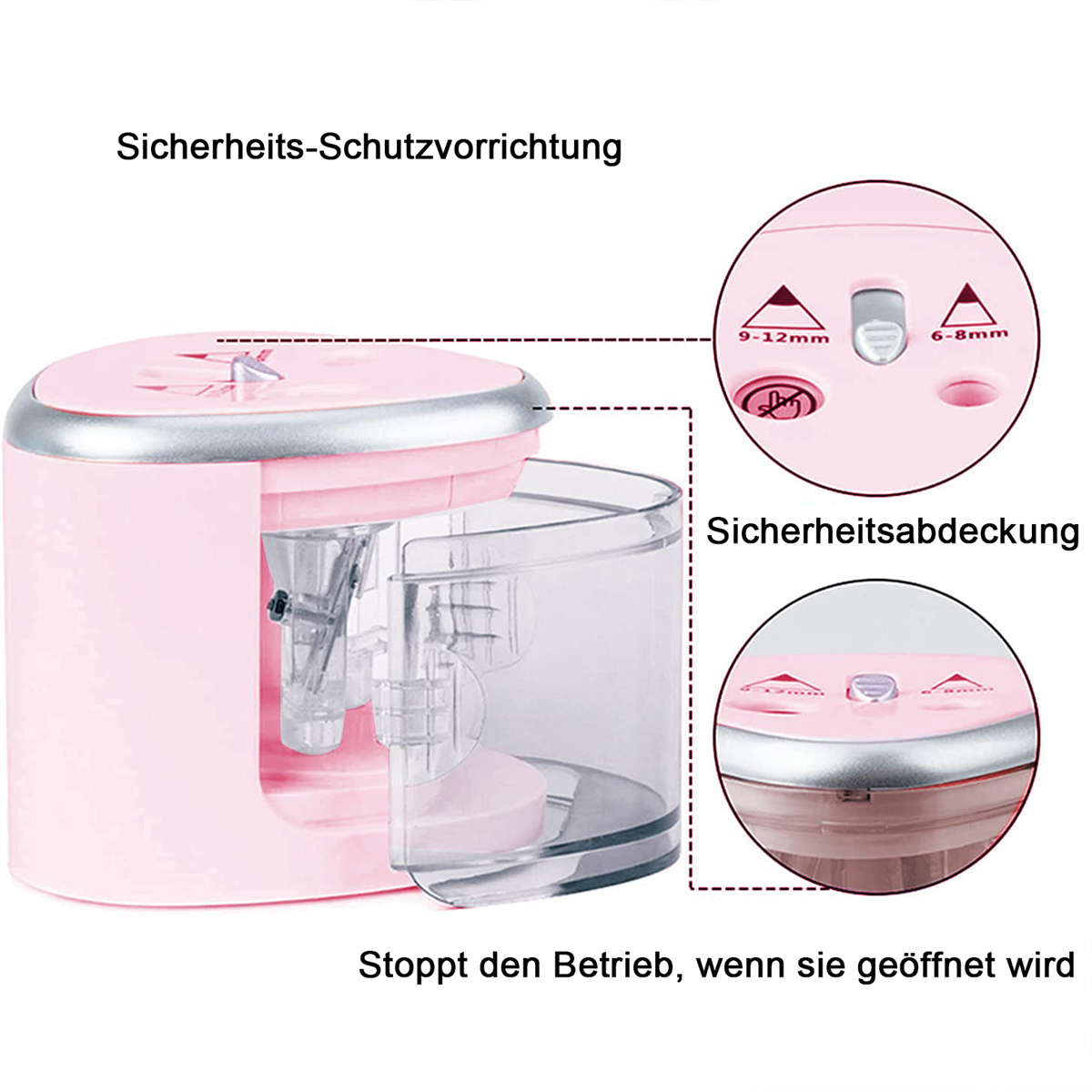 Ein pinker elektrischer Anspitzer mit Sicherheitsmerkmalen und zwei Größenoptionen.