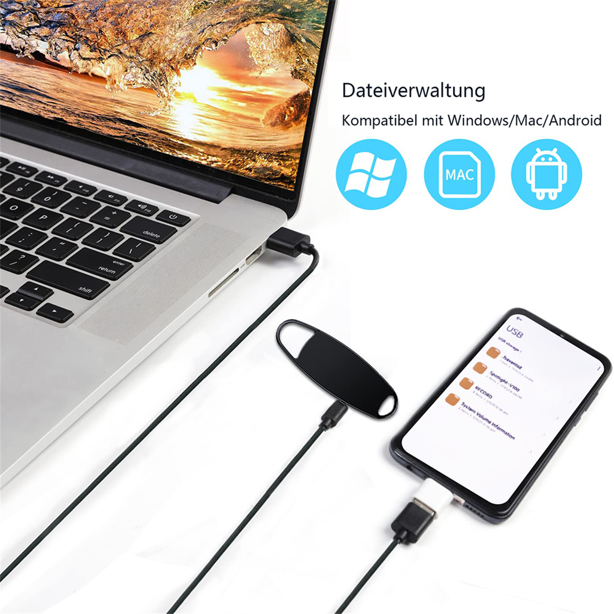 Laptop, Telefon und USB-Gerät, alle mit Datenübertragungs-Symbolen verbunden.
