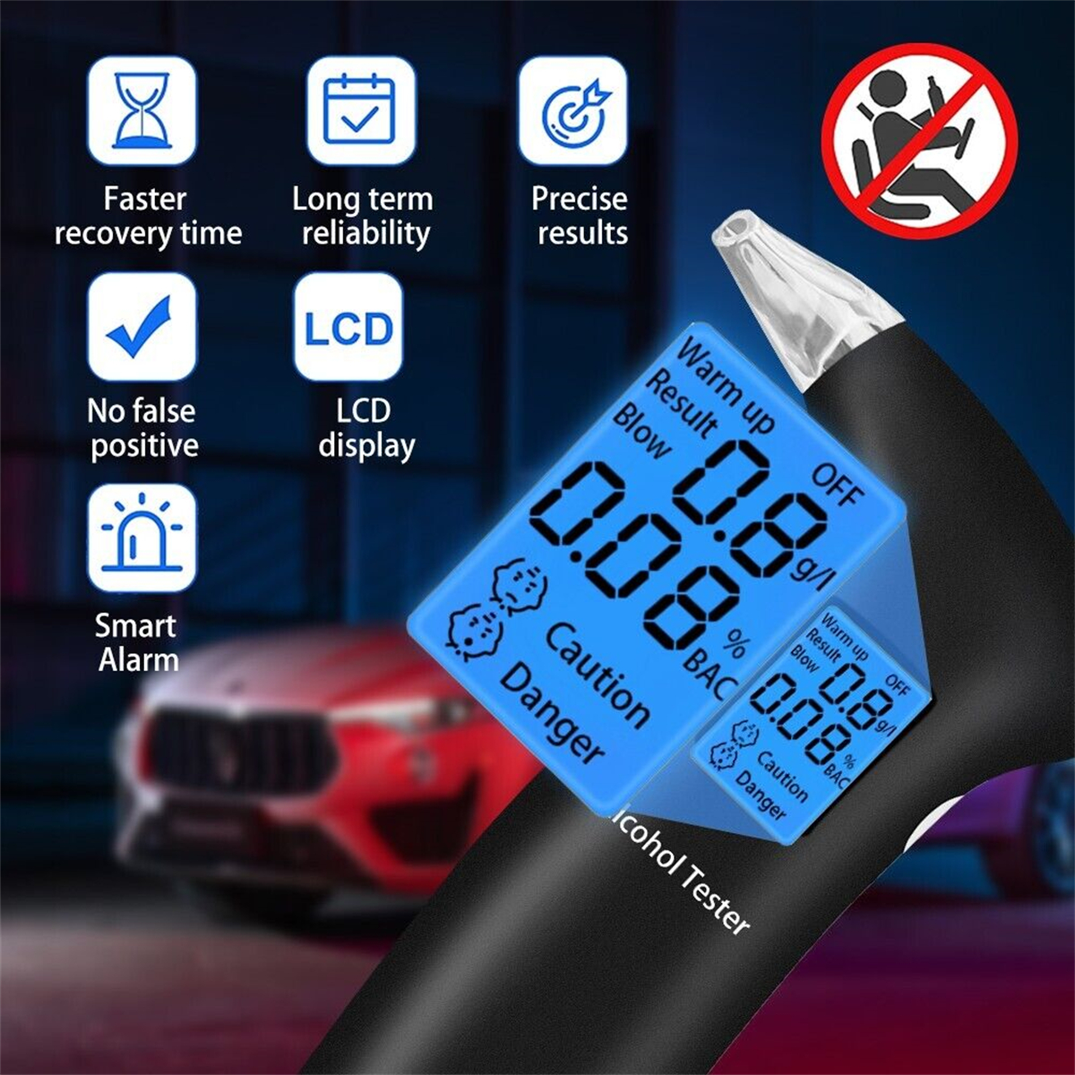 Alkoholtester mit Digitalanzeige, die den Blutalkoholspiegel anzeigt, Icons und ein rotes Auto im Hintergrund.