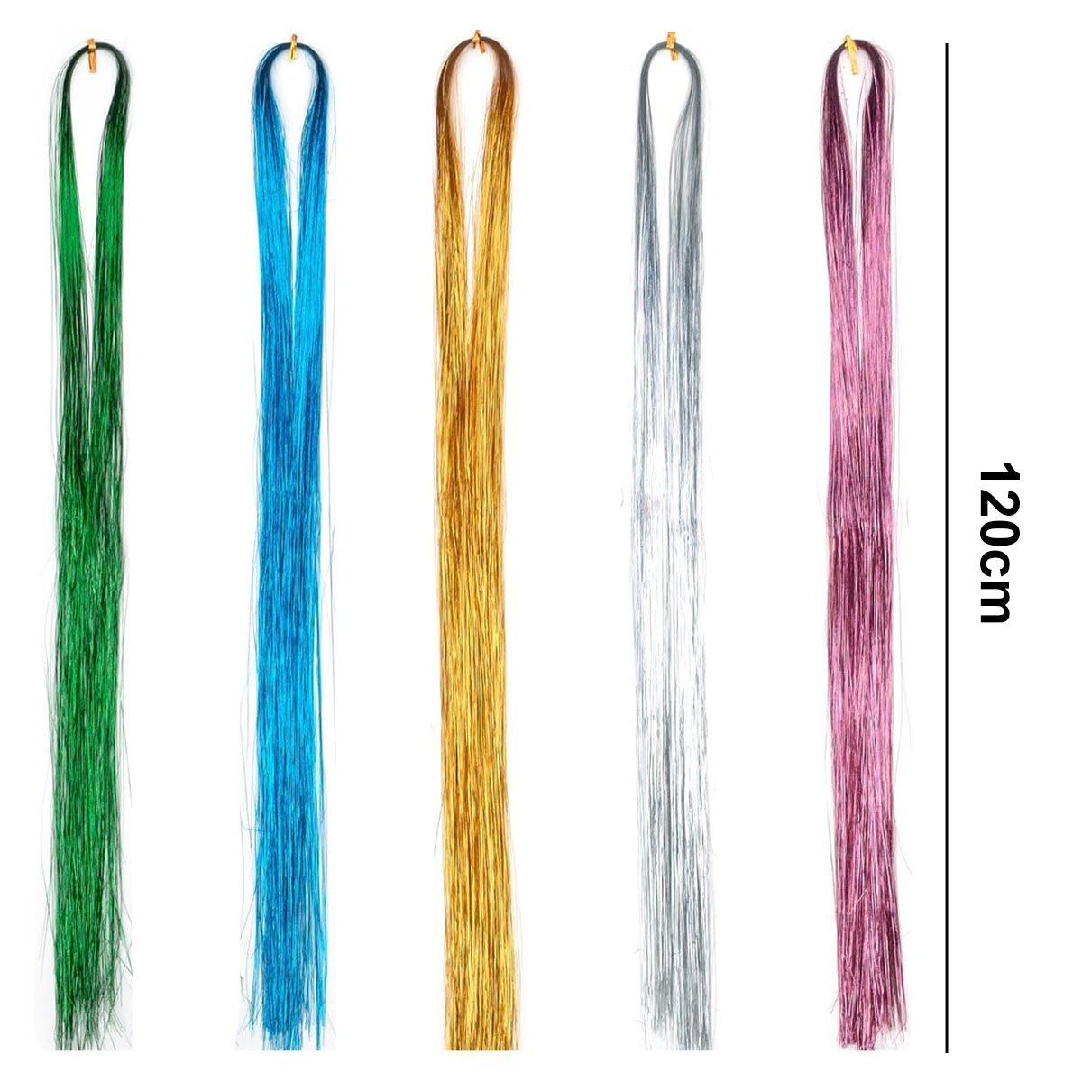 Fünf Strähnen farbiger Haarverlängerungen: grün, blau, gold, silber und pink, 120cm lang.