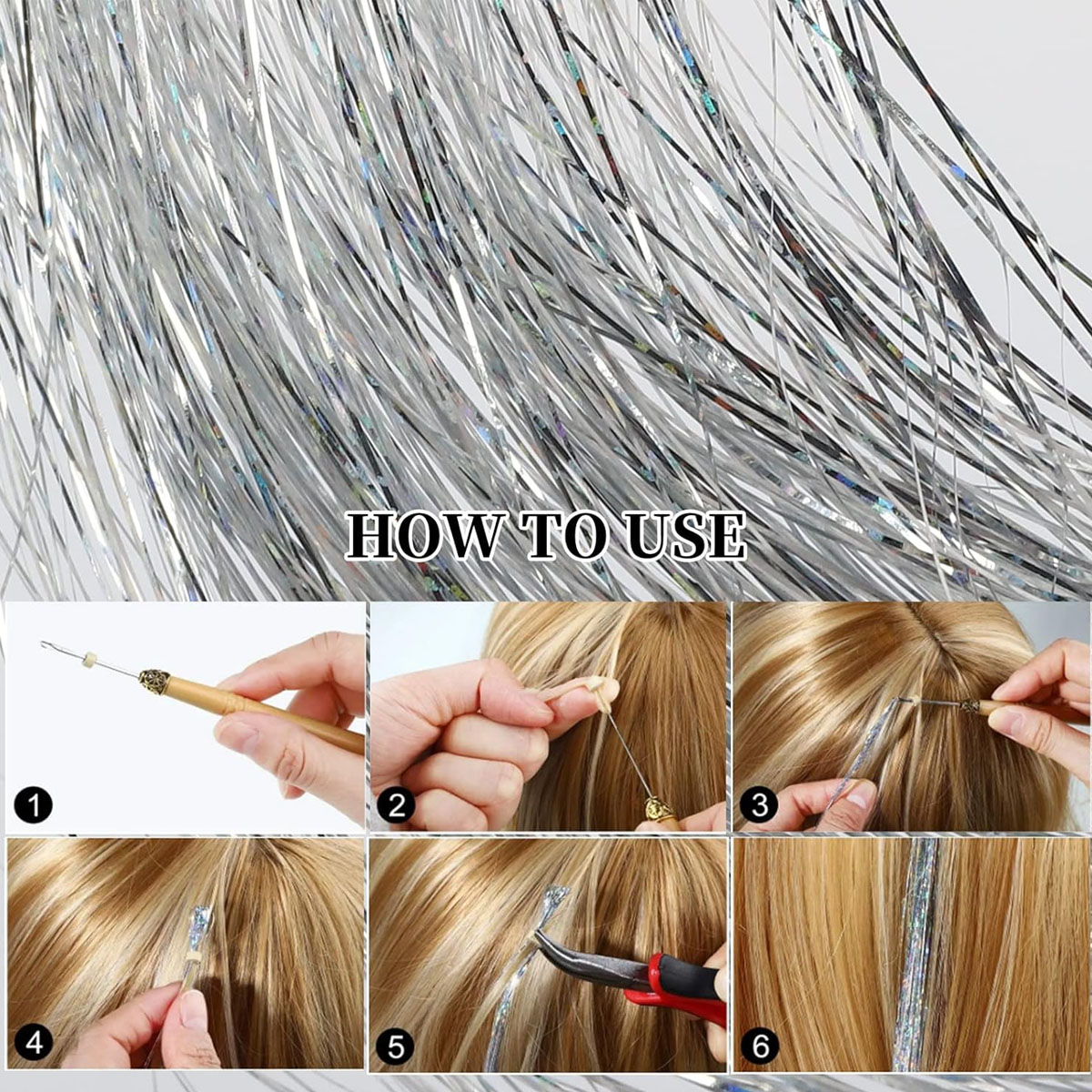 Anleitung zum Anbringen von silbernem Haar-Tinsel mit Werkzeugen und Schritten, blondes Haar als Beispiel.