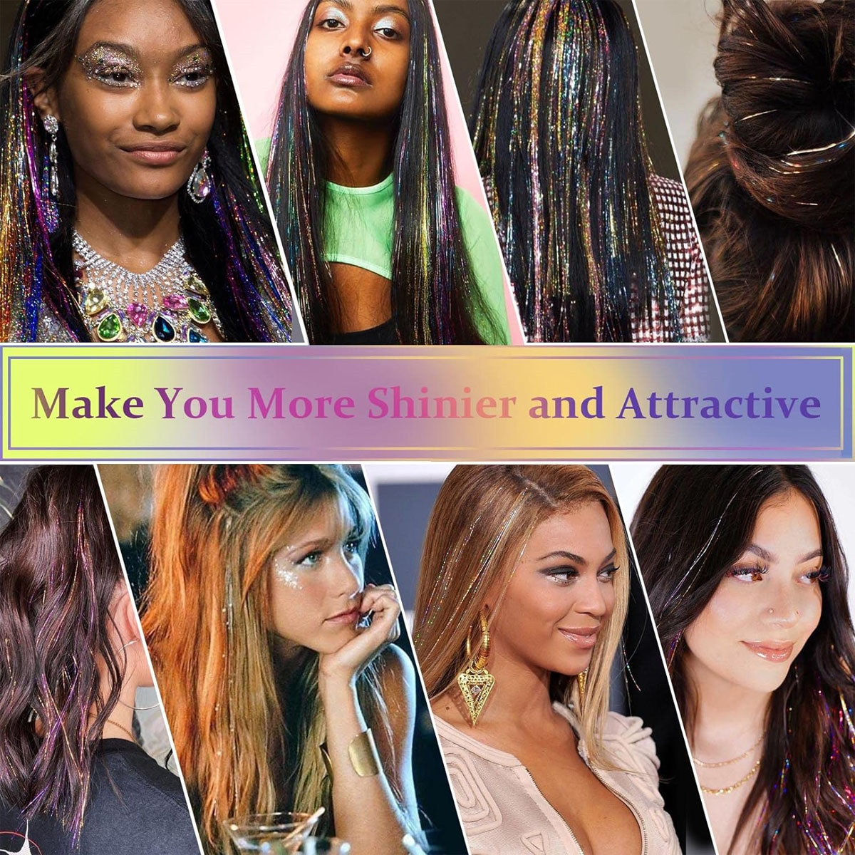 Eine Collage zeigt verschiedene Frauen mit schimmernden Haarsträhnen. Der Text lautet: „Make You More Shinier and Attractive“.