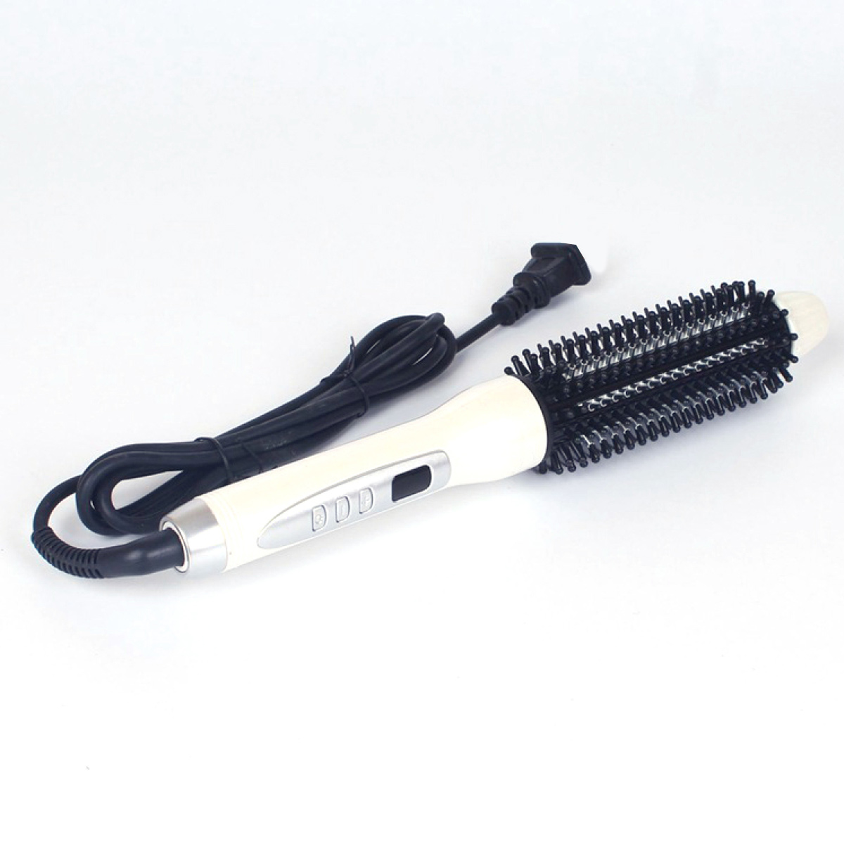 Weiß-schwarzer Haarlockenwickler mit schwarzem Kabel.