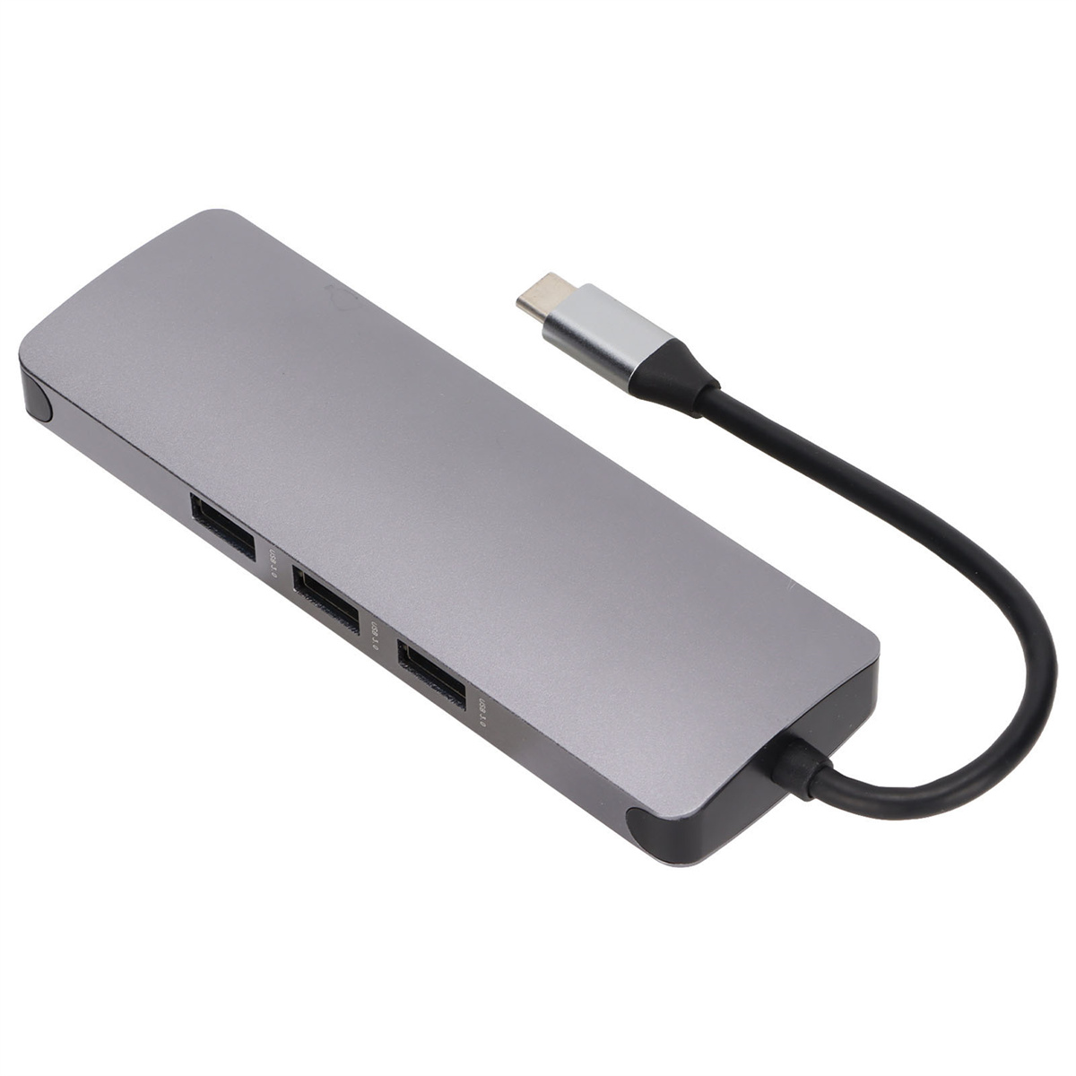 Ein grauer USB-C-Hub mit mehreren USB-Anschlüssen. Er hat ein schwarzes Kabel und einen silbernen Stecker.