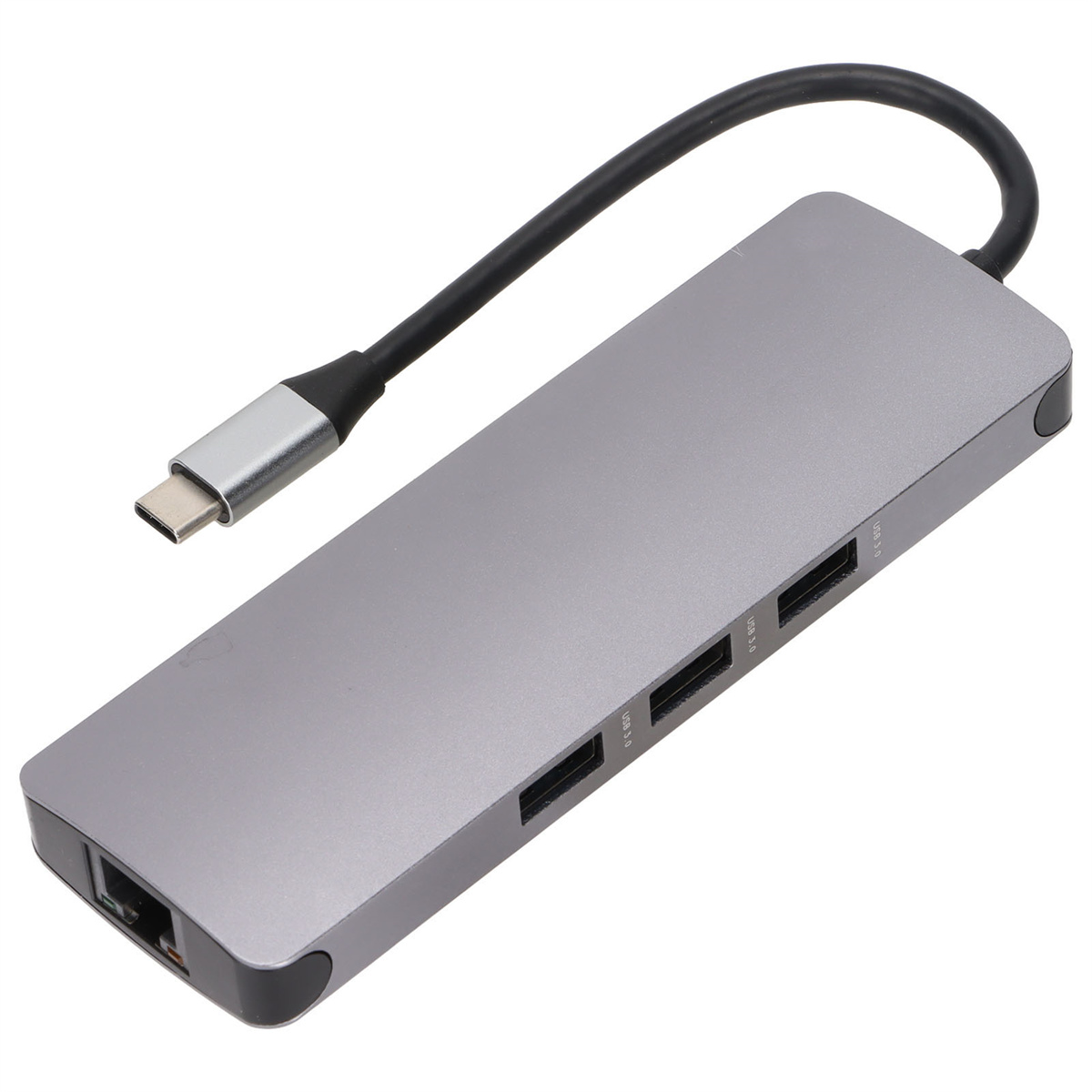 Grauer USB-Hub mit mehreren Anschlüssen und schwarzem Kabel. Der Hintergrund ist weiß.