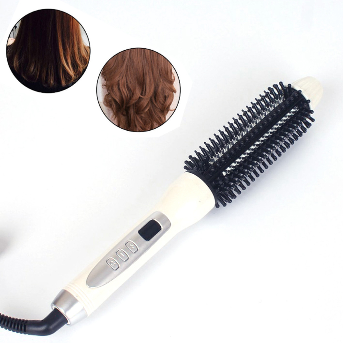 Haarstyling-Bürste, weiß mit schwarzen Borsten. Zwei Haarproben oben: glatt und lockig.