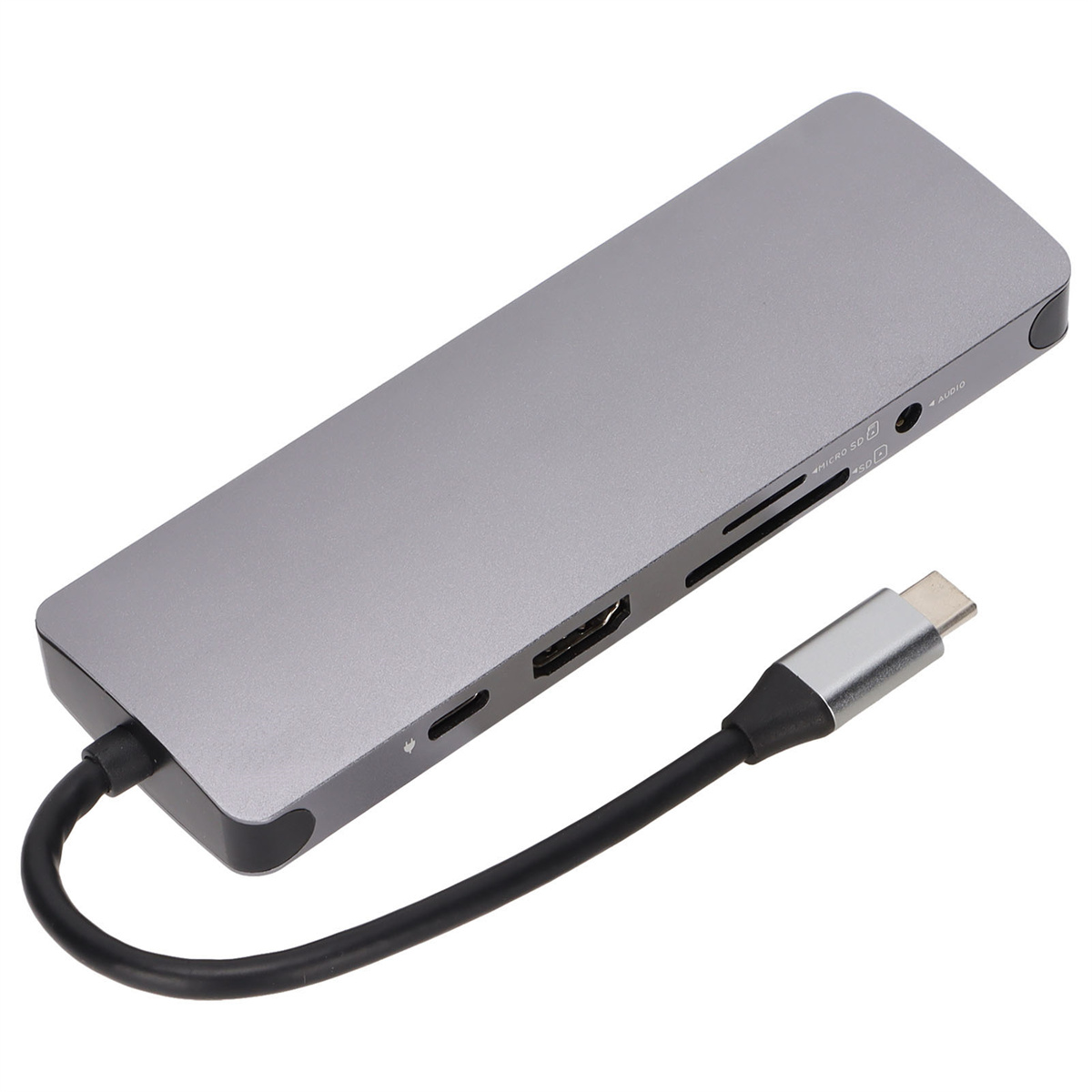 Ein grauer Multi-Port-Adapter für Geräte. Er hat mehrere Anschlüsse und ein USB-C-Kabel.