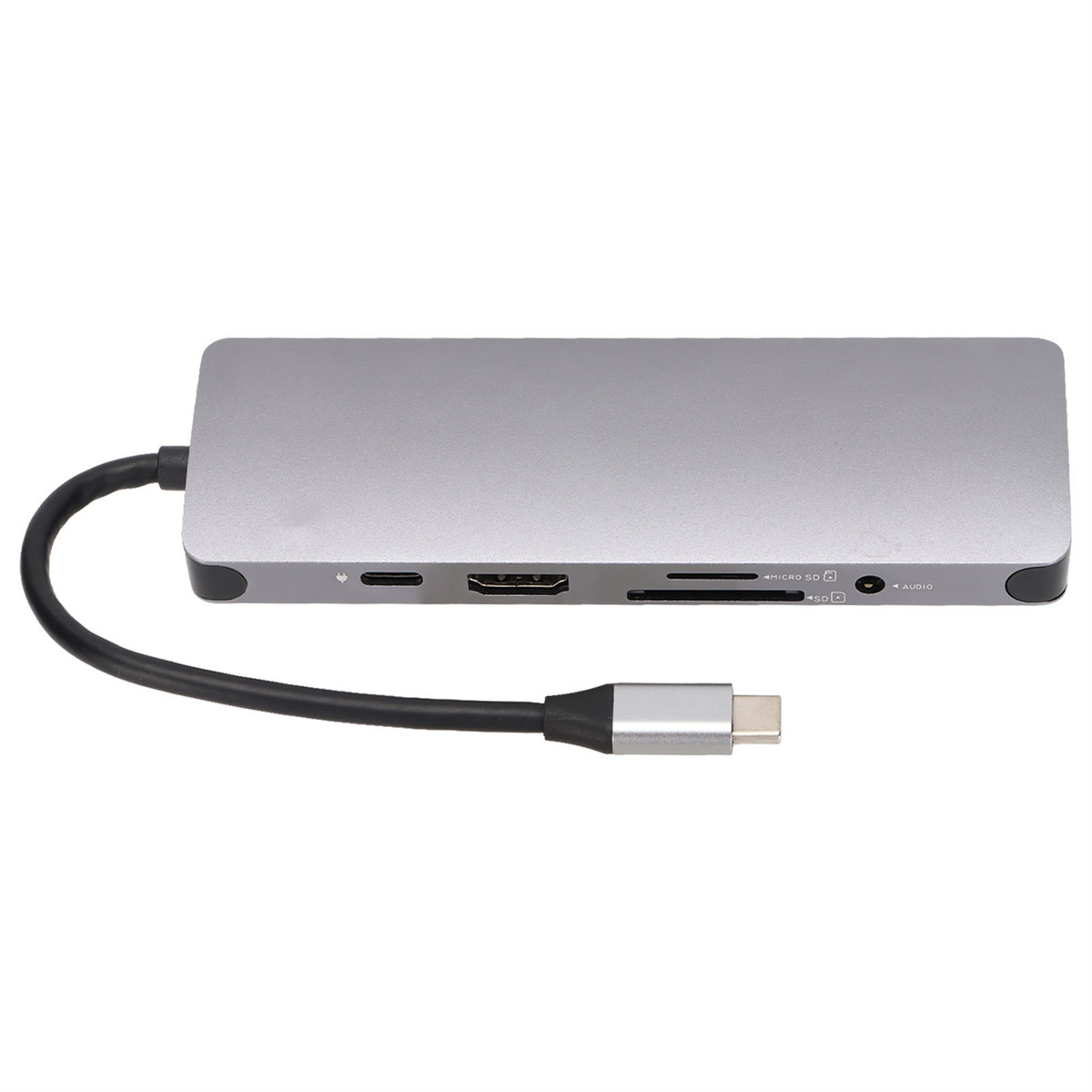 Ein silberner Hub mit mehreren Anschlüssen, verbunden mit einem schwarzen Kabel mit USB-C-Anschluss.
