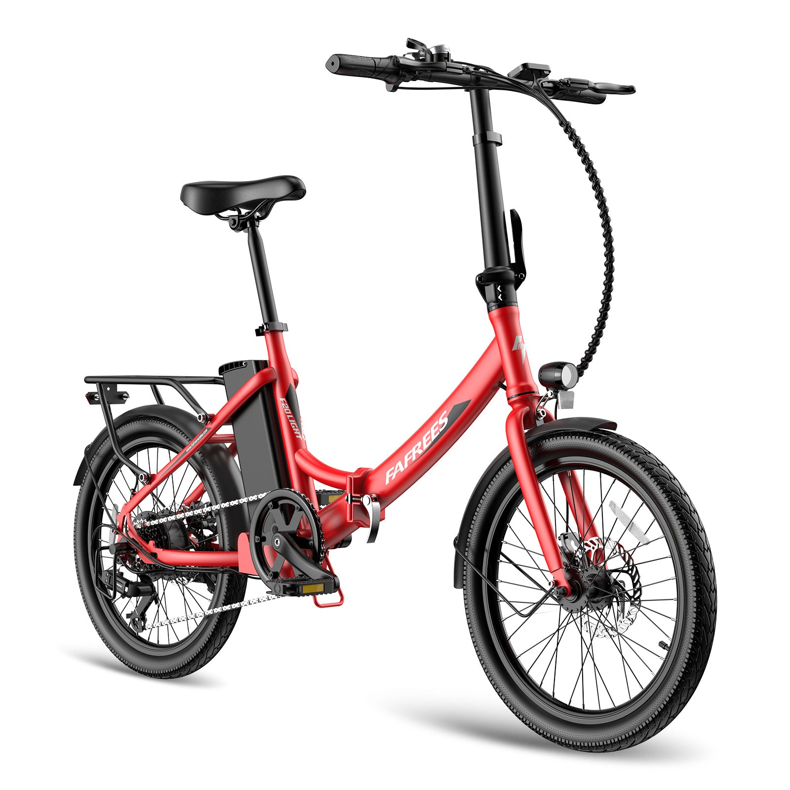 Rotes, faltbares Elektrofahrrad mit schwarzen Reifen, Rahmen und Zubehör, weißer Hintergrund.