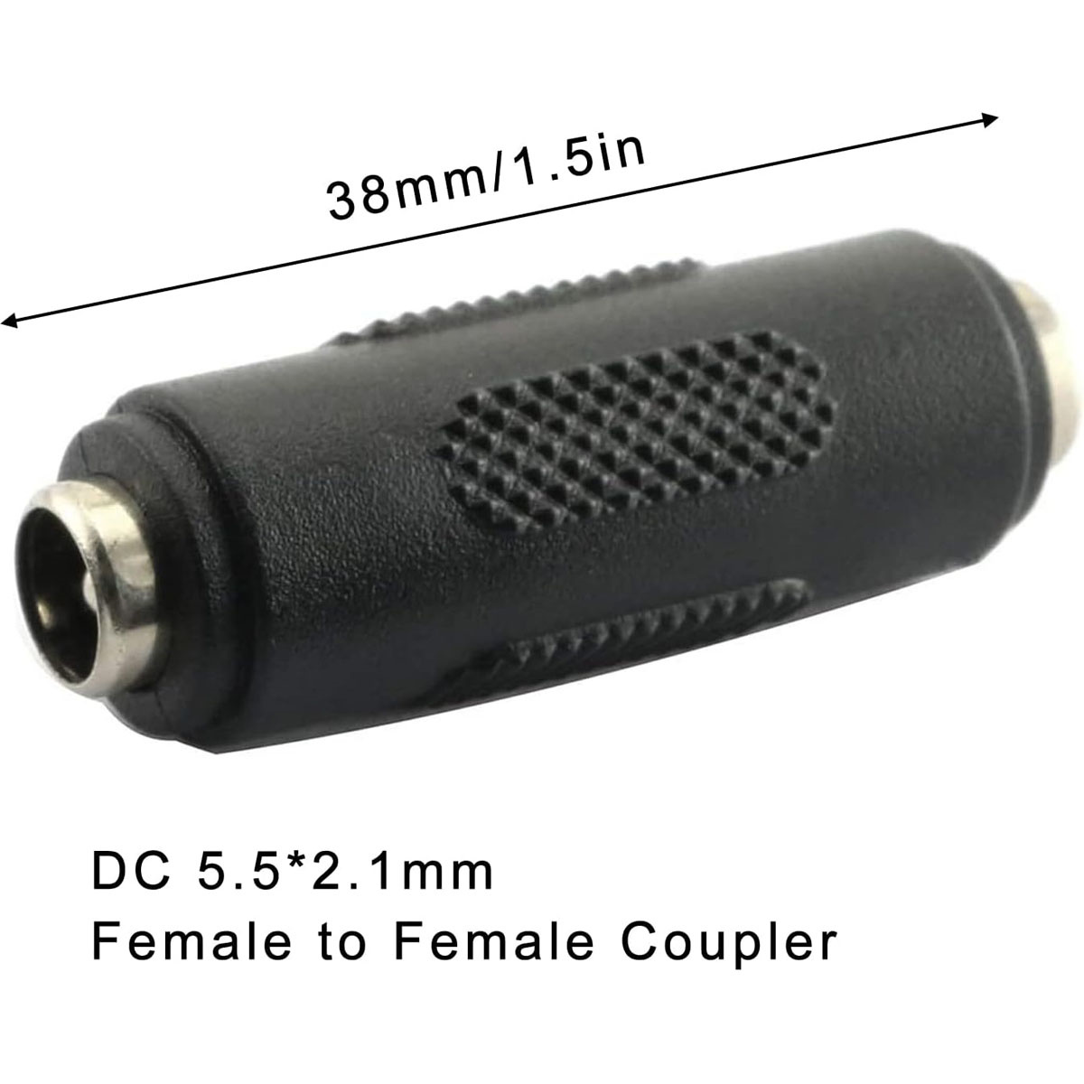 Schwarzer DC-Kuppler von Buchse zu Buchse. Er ist zylindrisch mit einer 38 mm/1,5 Zoll-Maßangabe.