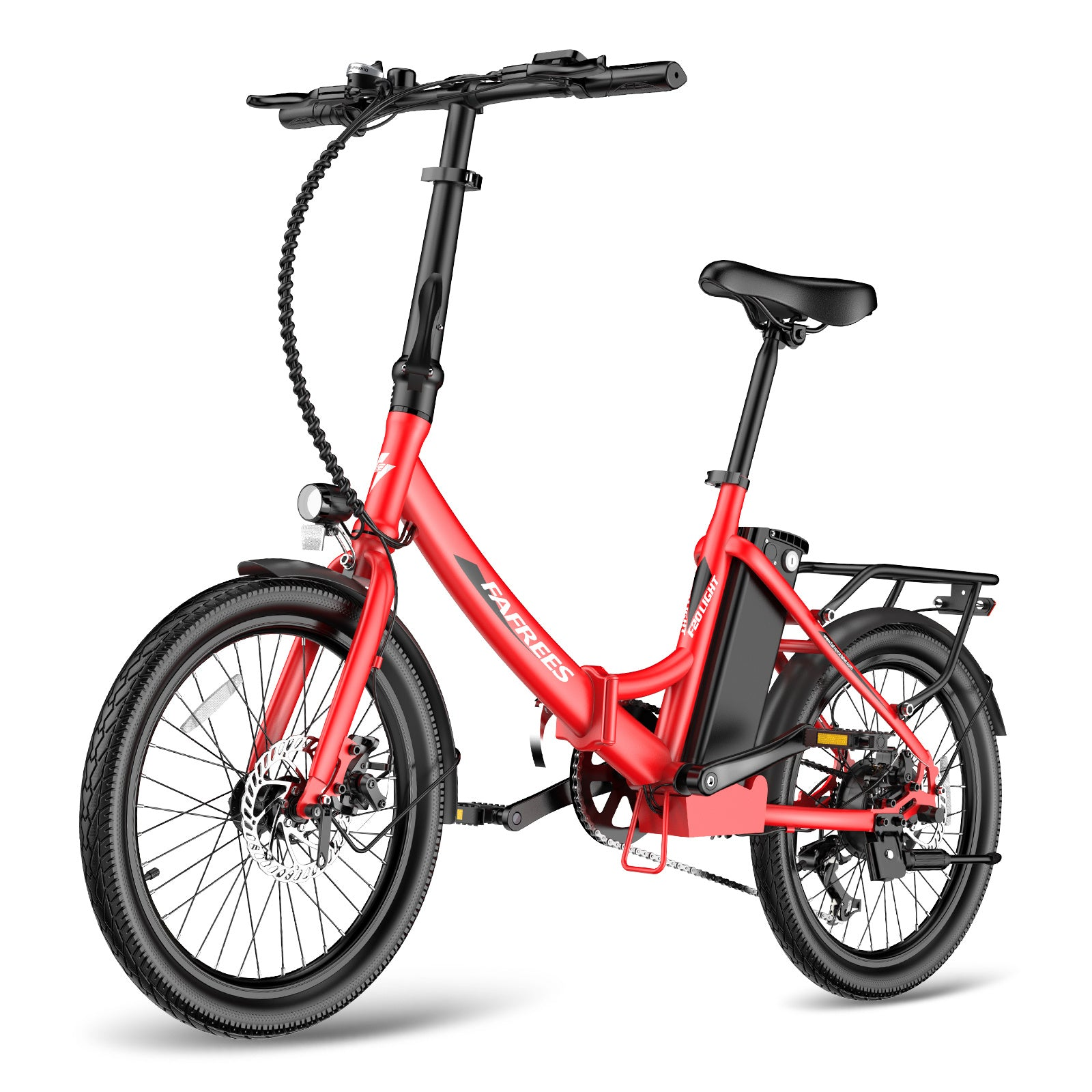 Rotes Elektrofahrrad mit schwarzen Reifen und Komponenten, einem Gepäckträger und einem schwarzen Sitz, weißer Hintergrund.