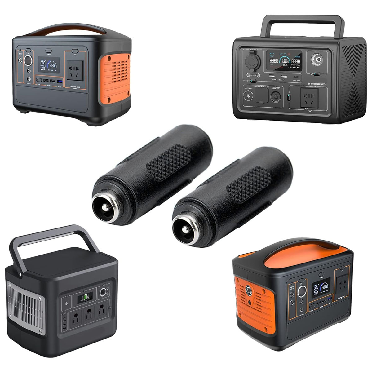 Verschiedene tragbare Stromstationen und ein Adapter. Orange-Schwarz-Farbschema, weißer Hintergrund.