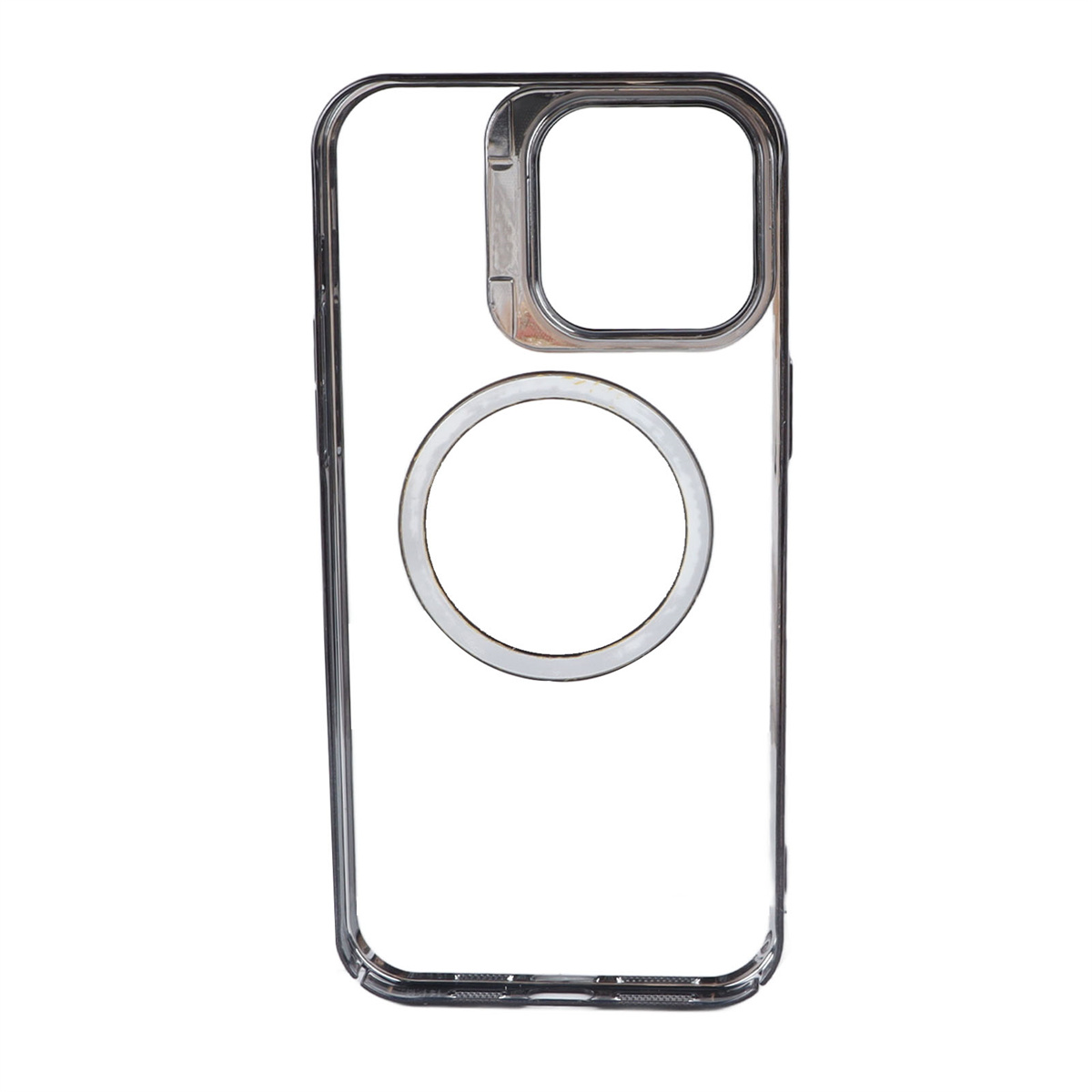 Transparente iPhone-Hülle mit Kameraausschnitt und kreisförmigem MagSafe-Element. Der Hintergrund ist weiß.