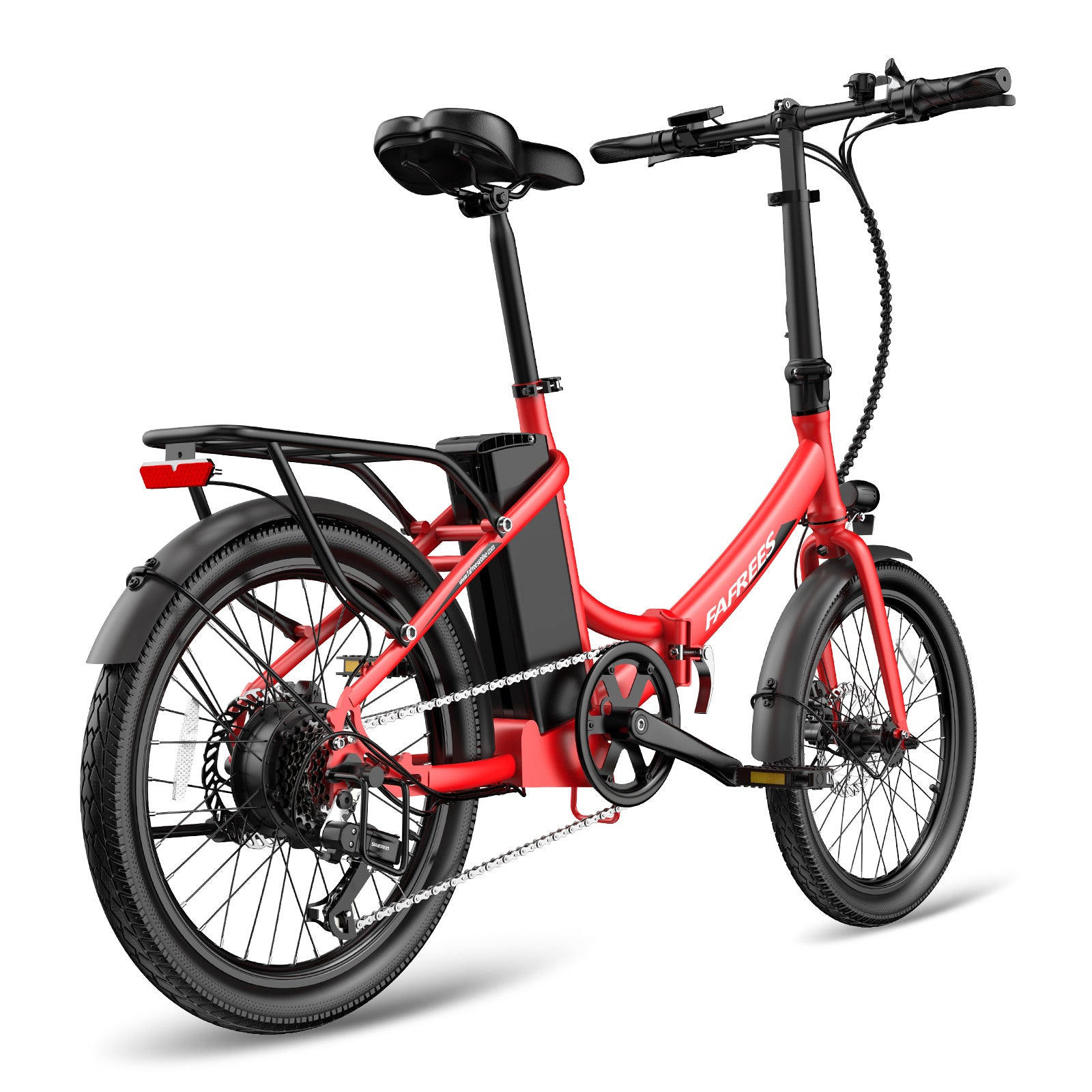 Ein rotes, zusammenklappbares Elektrofahrrad mit schwarzen Reifen, einem schwarzen Akku und einem Gepäckträger.