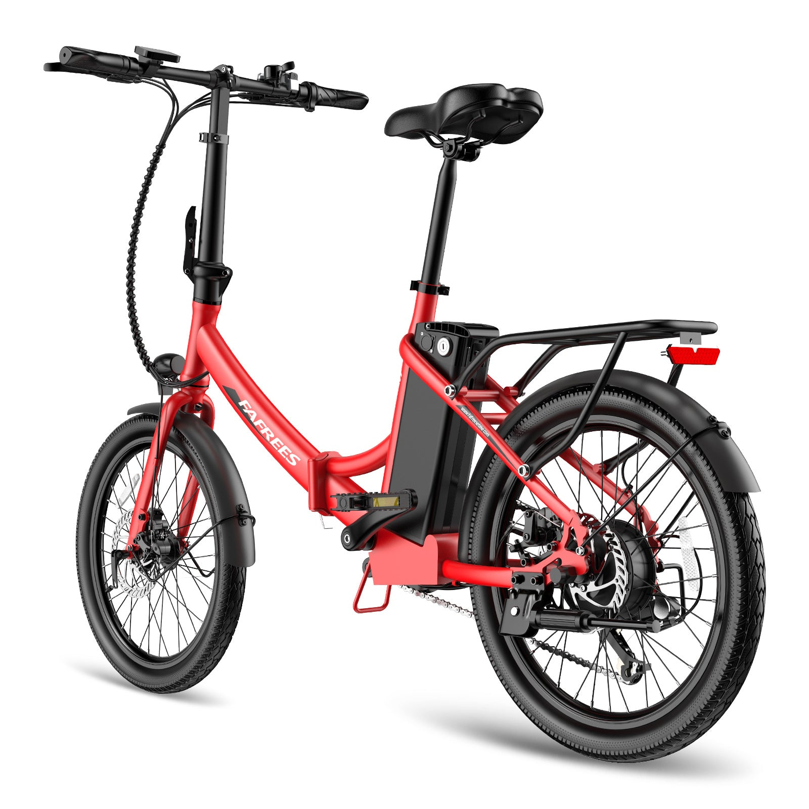 Rotes, zusammenklappbares Elektrofahrrad mit schwarzen Komponenten. Es hat einen Gepäckträger und schwarze Reifen.