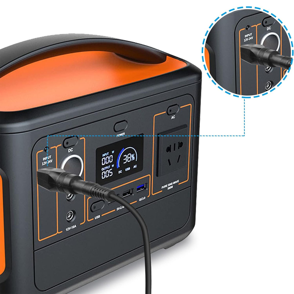 Eine orangefarbene und schwarze Stromstation mit angeschlossenem Kabel und Detailansicht des Anschlusses.