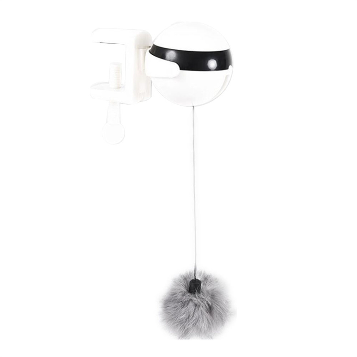 Weißes Katzenspielzeug, an einer Klammer befestigt, mit grauem, flauschigem Ball.