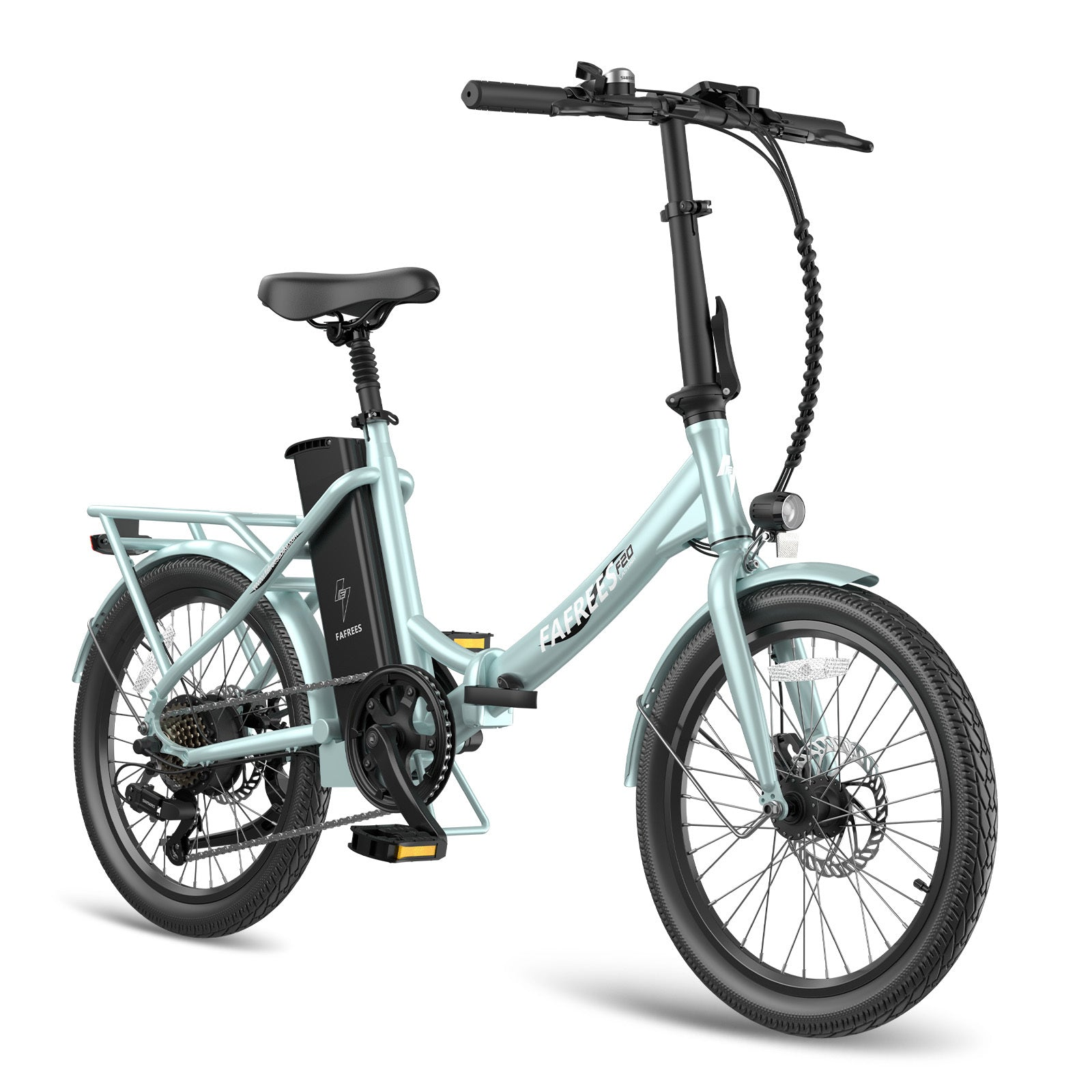 Bicicletta elettrica pieghevole verde menta con pneumatici neri e portapacchi.
