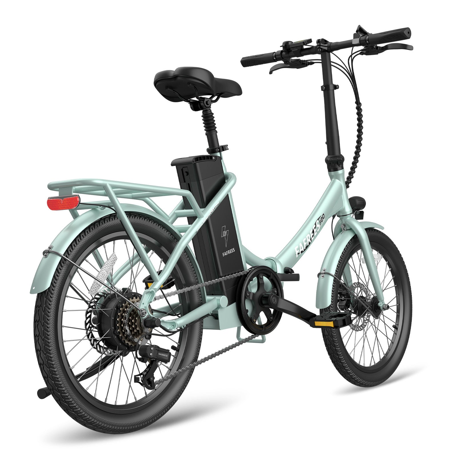 Bicicletta elettrica pieghevole verde chiaro. Componenti neri e batteria.