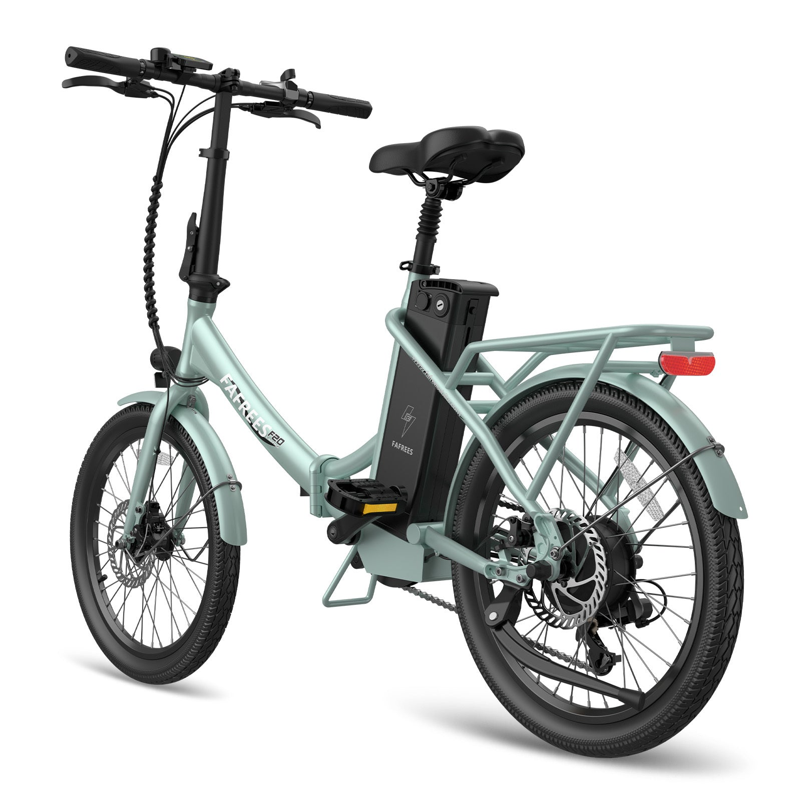 Bicicletta elettrica pieghevole verde chiaro, sella nera, pneumatici neri, sfondo bianco.