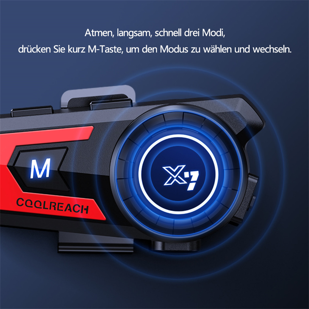 Ein schwarz-rotes Gerät mit blauem Lichtkreis und Text. Das Gerät hat einen Knopf und den Buchstaben 'M'.