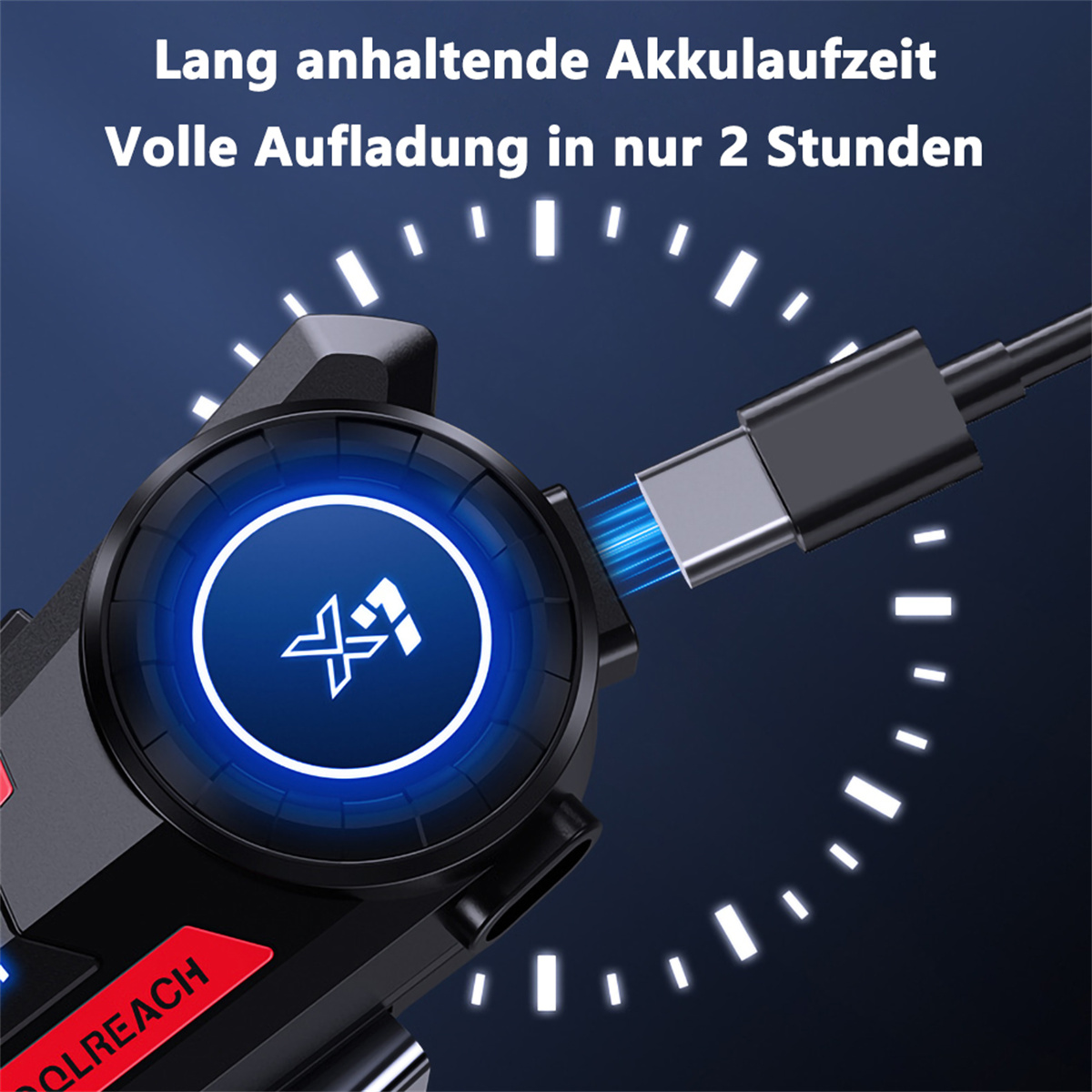 Ein Ladegerät mit eingestecktem USB-C-Kabel. Text: "Volle Aufladung in nur 2 Stunden".