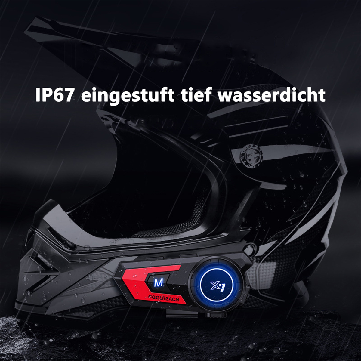 Schwarzer Motorradhelm mit einem Kommunikationssystem. Der Text lautet 'IP67 eingestuft tief wasserdicht' und 'COOL REACH'.