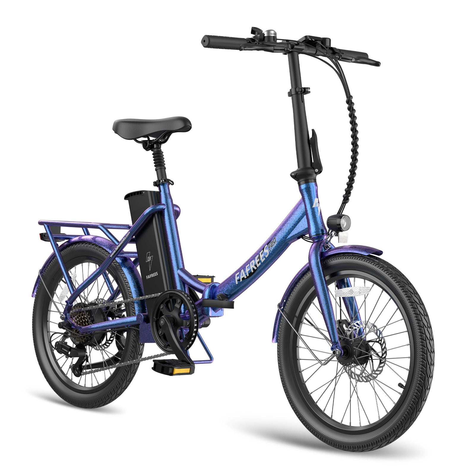 Una bici elettrica pieghevole blu e nera. La bici è angolata e ha una batteria e un portapacchi.