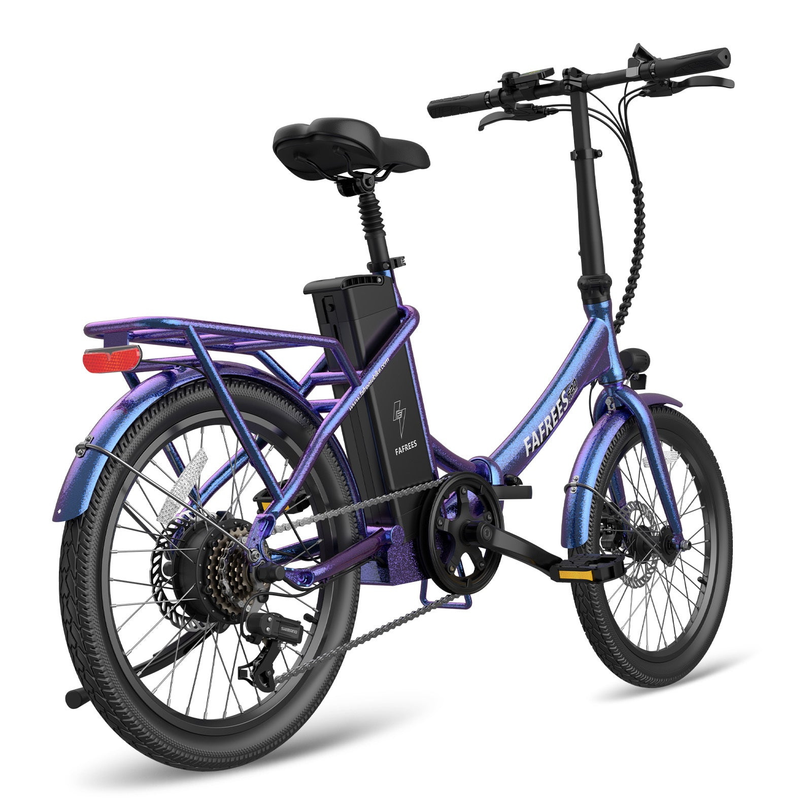 Bicicletta elettrica blu e viola su sfondo bianco. Ha pneumatici e sella neri.