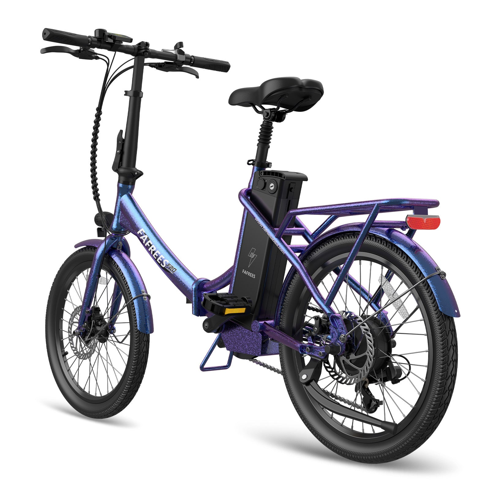 Una bicicletta elettrica pieghevole blu e viola su sfondo bianco.