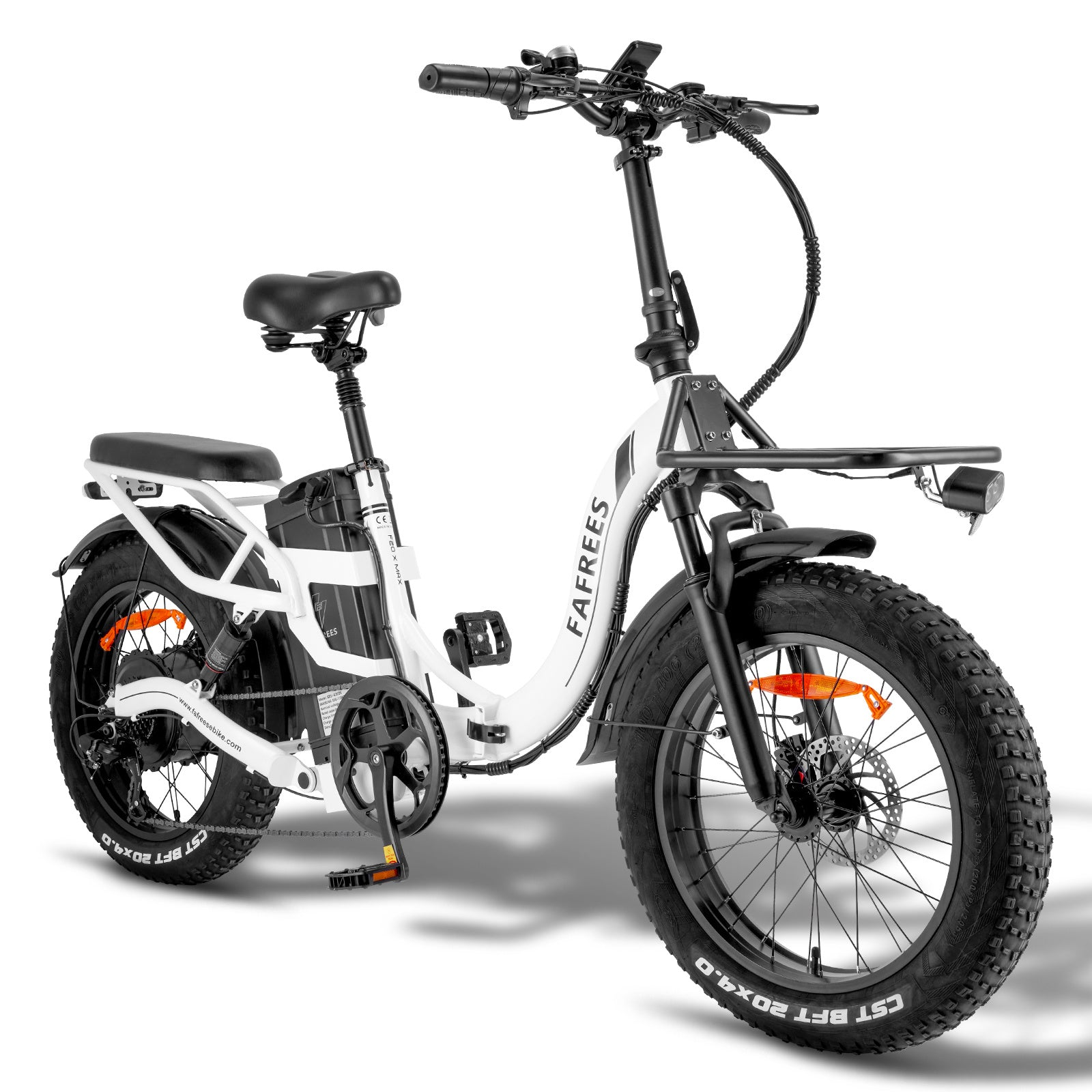 Weißes Klappfahrrad mit schwarzen Reifen und Gepäckträger vorne. Die Marke ist FAFFREES.