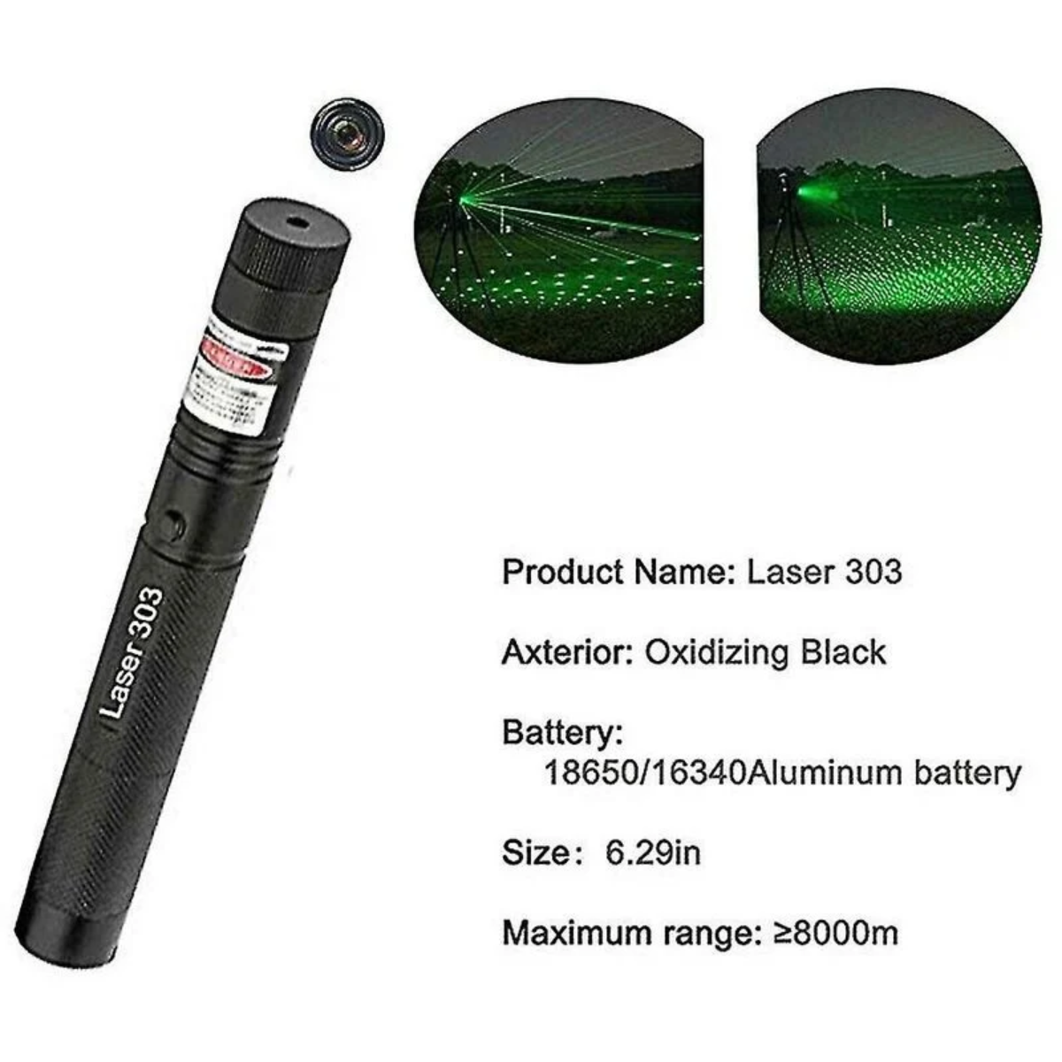 Schwarzer Laserpointer mit Text, begleitet von Bildern des Lasereffekts.