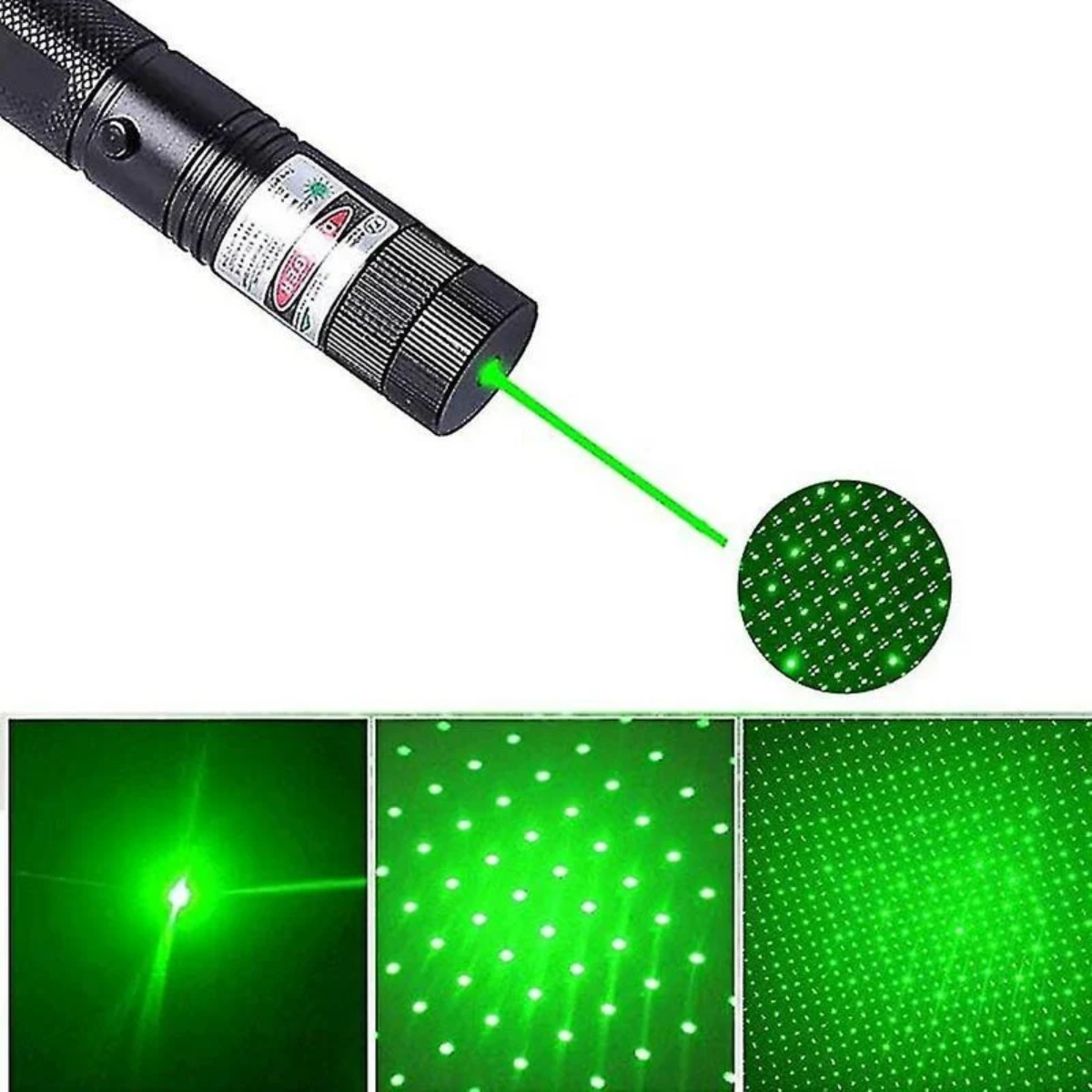 Ein schwarzer Laserpointer, der einen grünen Laserstrahl und Punkte aussendet, mit Beispielen darunter.