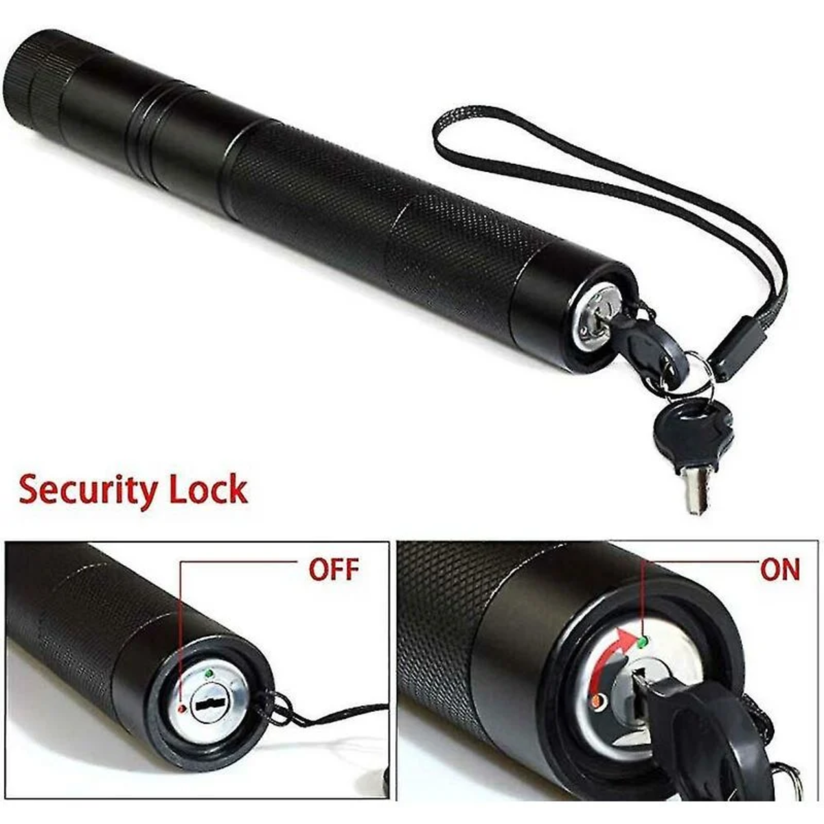 Ein schwarzer Laserpointer mit Sicherheitsschloss und Schlüssel. Das Bild zeigt die Ein- und Aus-Positionen.