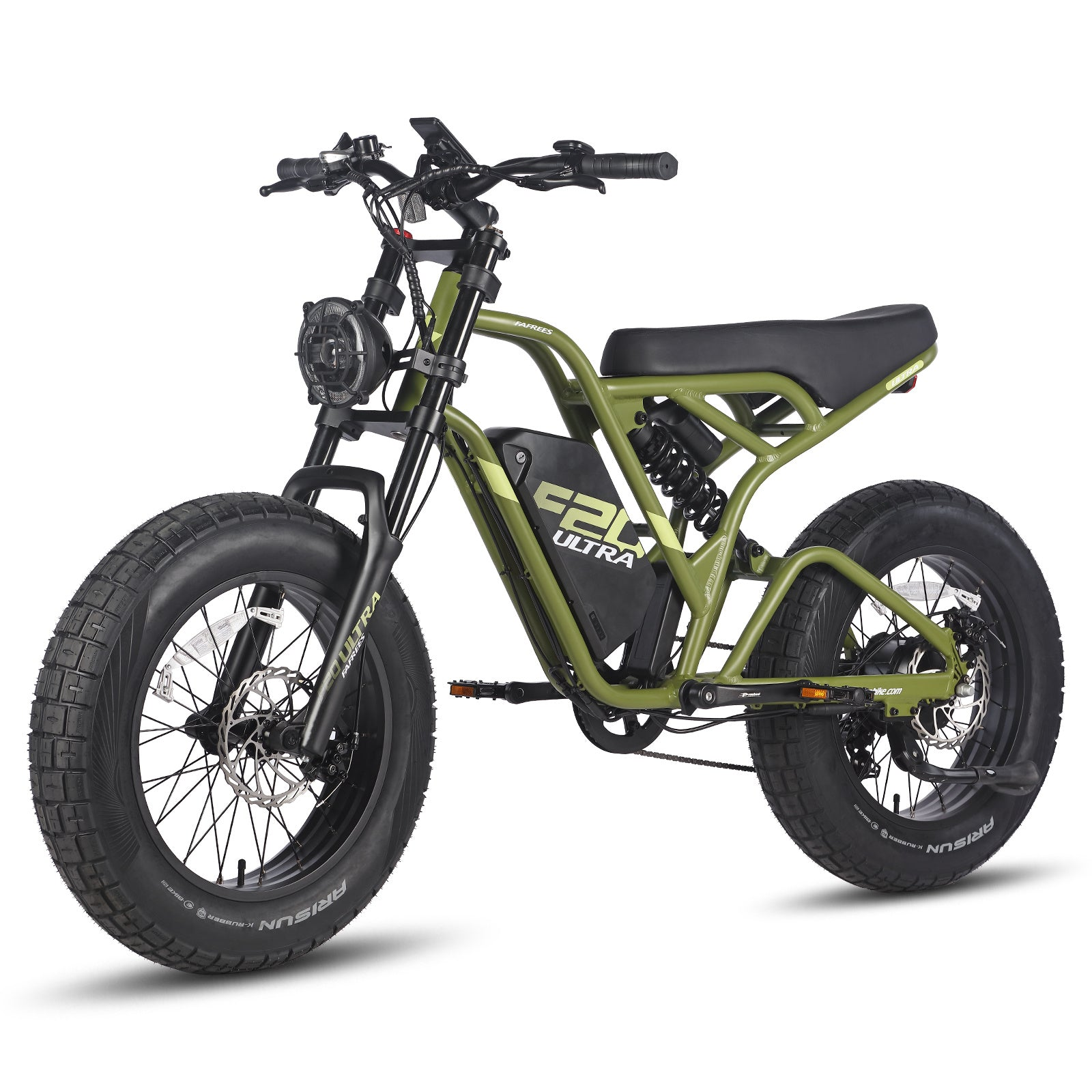 Bicicletta elettrica verde su sfondo bianco. La bici ha pneumatici neri.