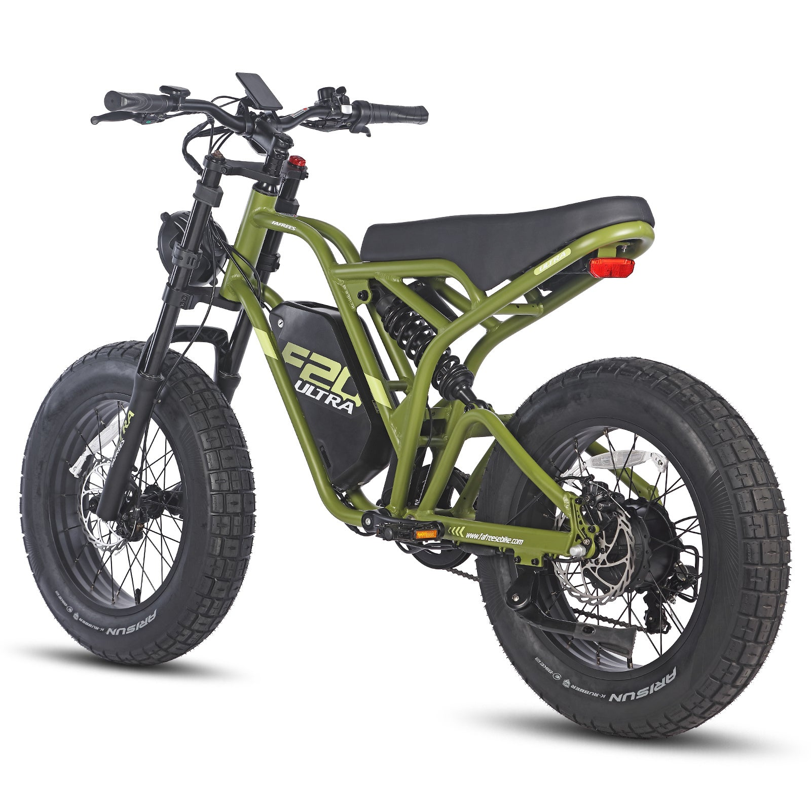 Bicicletta elettrica verde su sfondo bianco. Presenta pneumatici spessi, sella nera e manubrio. Con etichetta "E2L ULTRA".