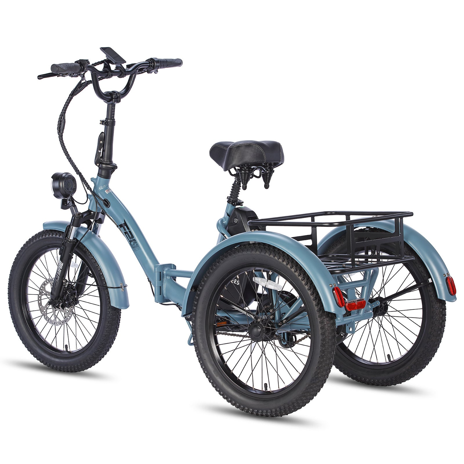 Triciclo elettrico blu con pneumatici grandi, cestino nero e sedile.