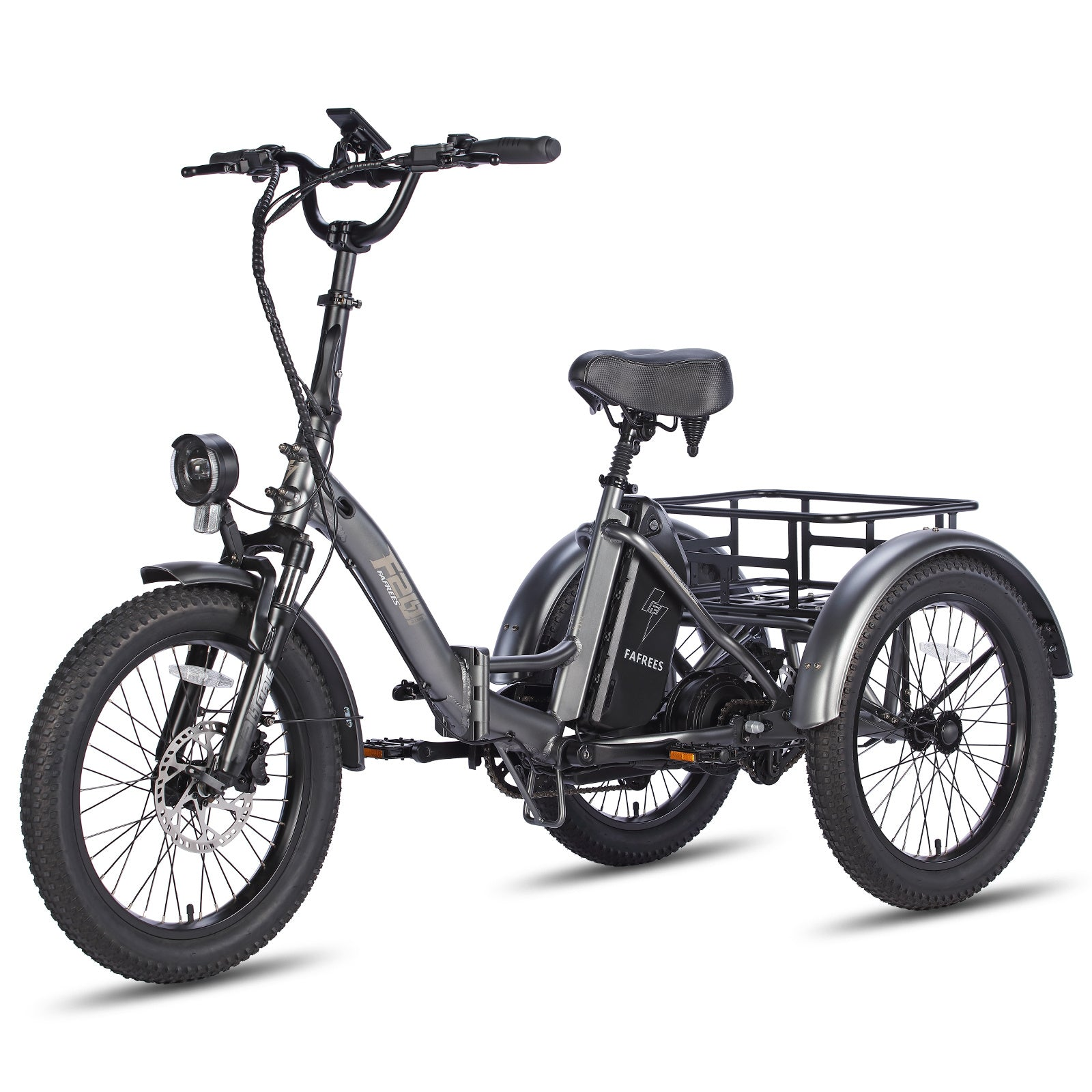 Triciclo elettrico grigio con sedile nero, cestino e luce anteriore.