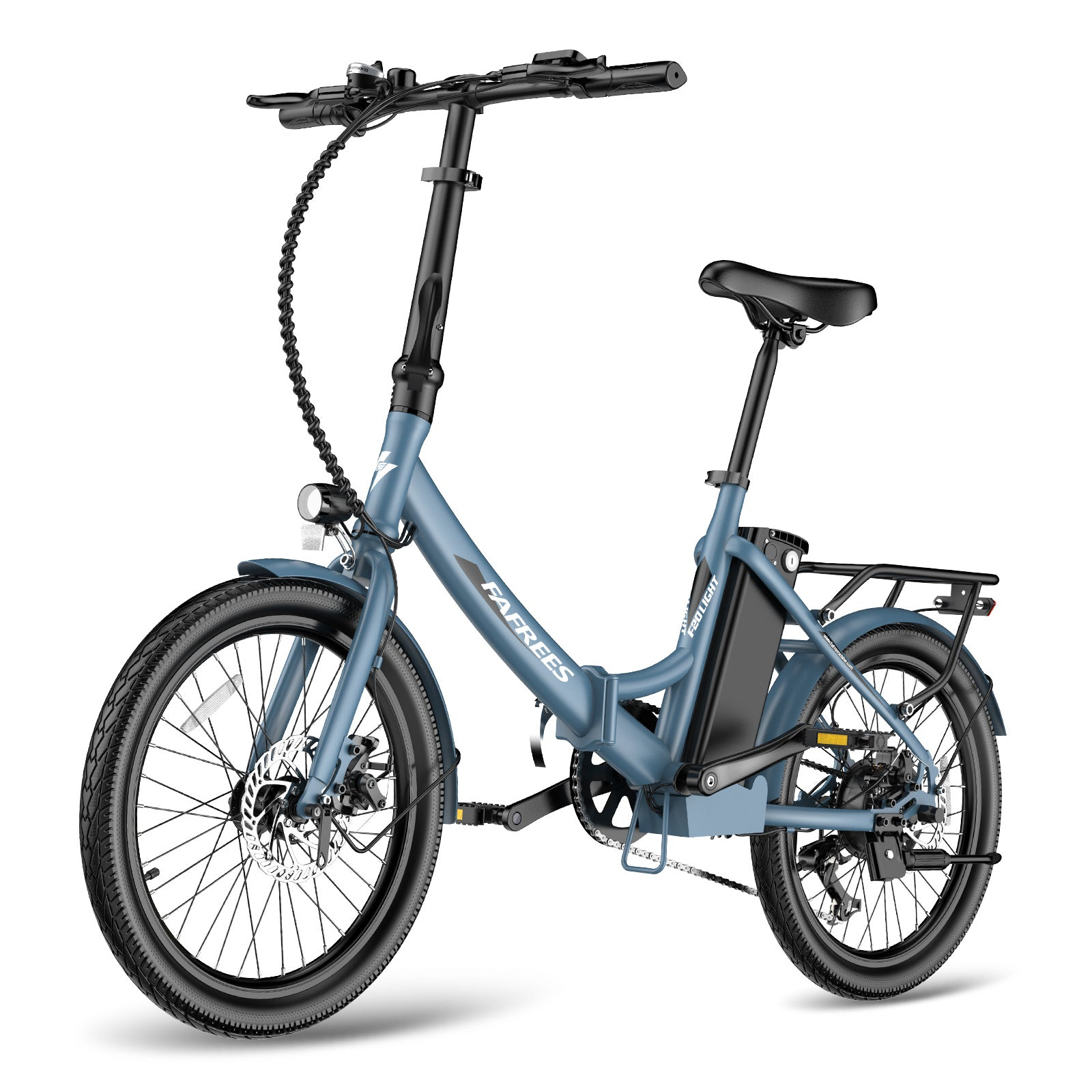 Una bici elettrica pieghevole blu con pneumatici e componenti neri, su sfondo bianco.
