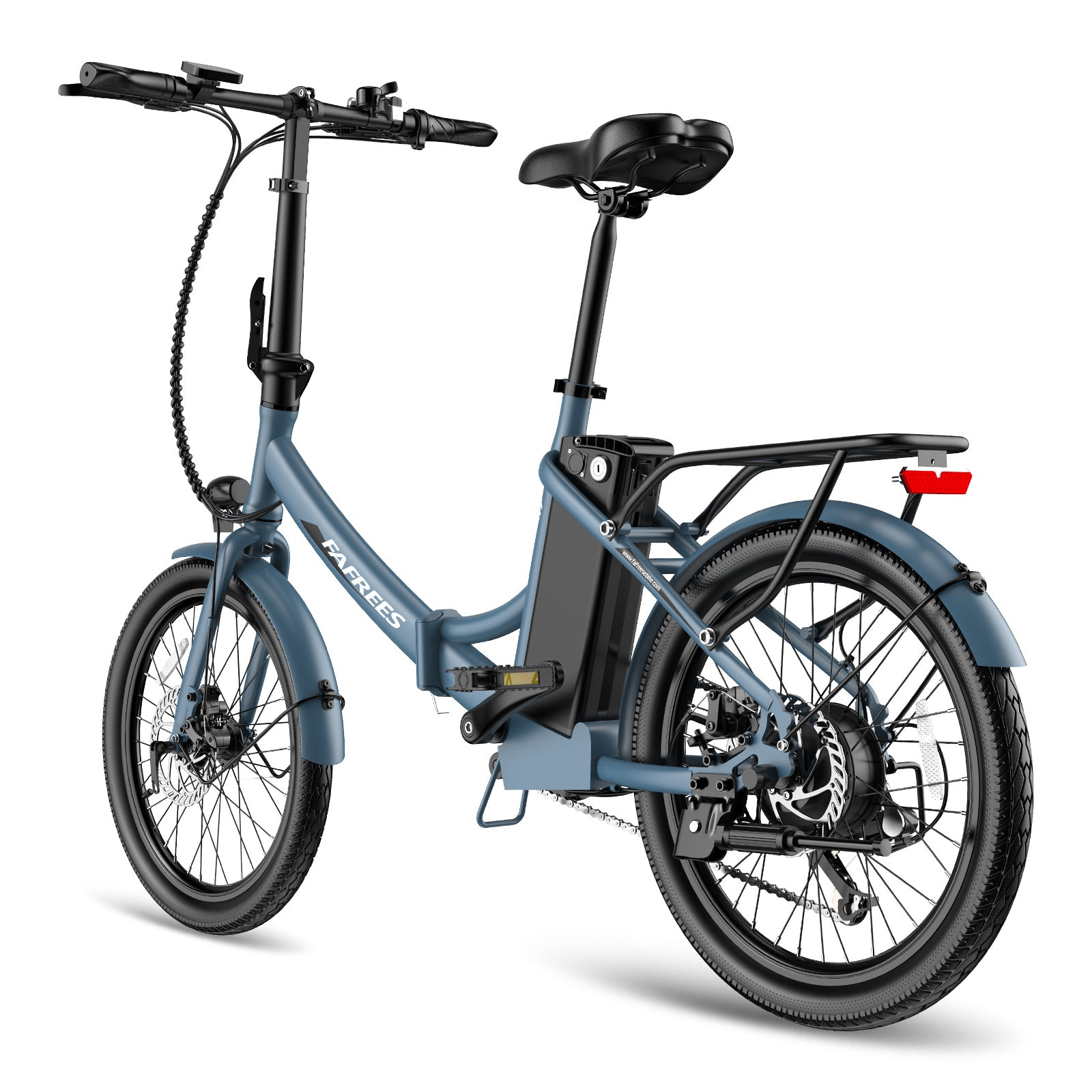 Bicicletta elettrica pieghevole blu. Ha sella, portapacchi e parafanghi neri. Pneumatici e manubrio neri.