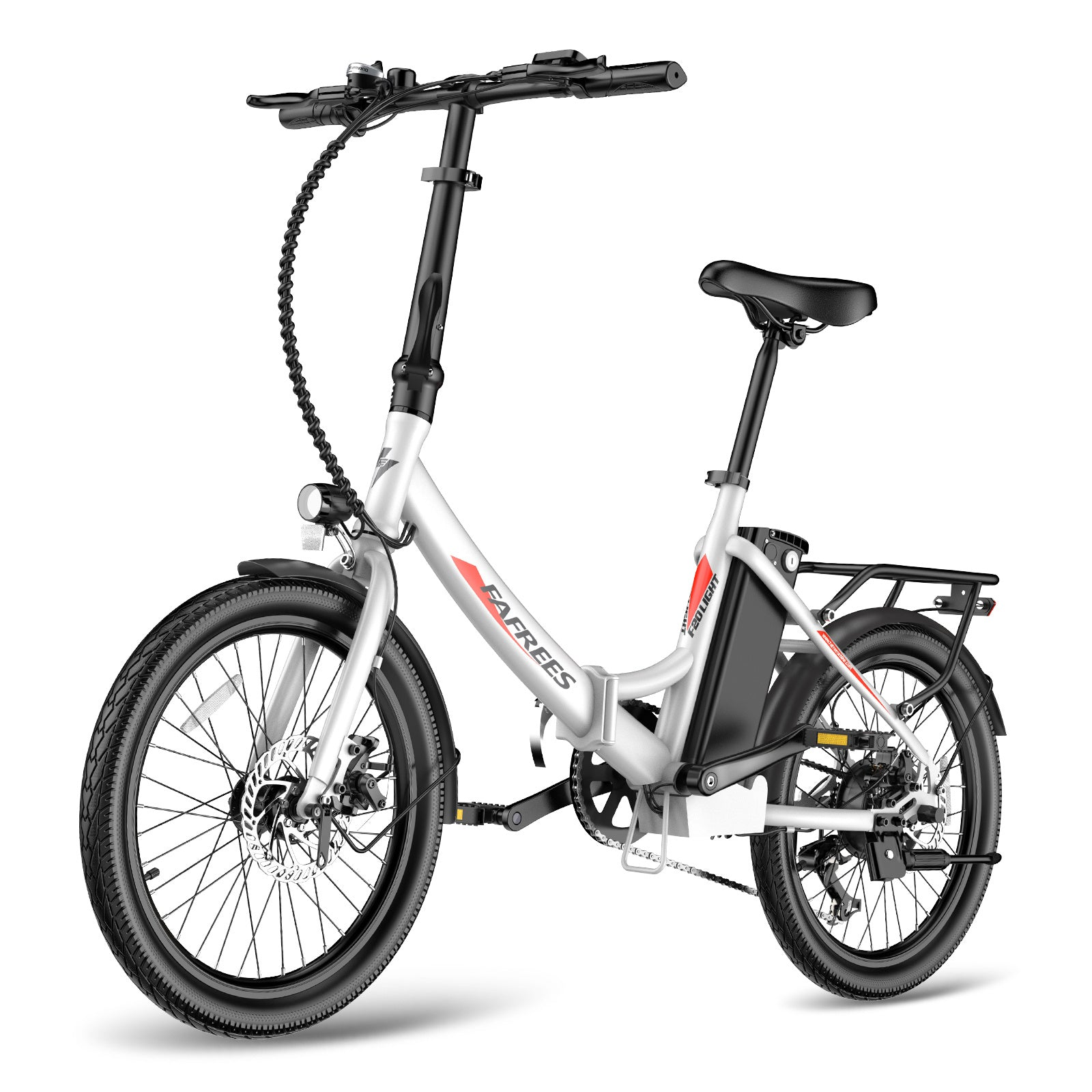 Bicicletta elettrica bianca e grigia, logo FA FREES. La bici ha sella, ruote e portapacchi neri.