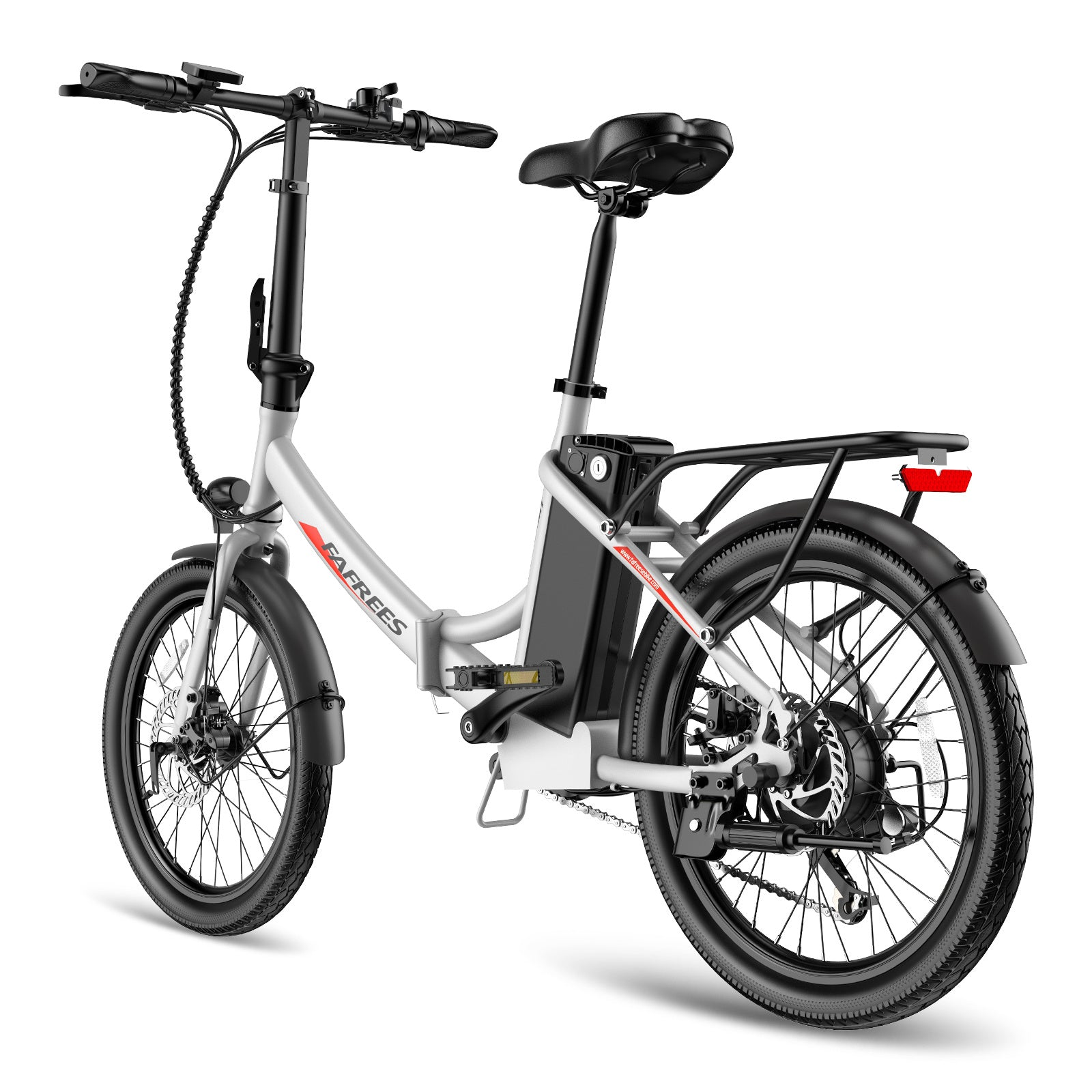Una bici elettrica pieghevole argento e bianca vista da dietro.