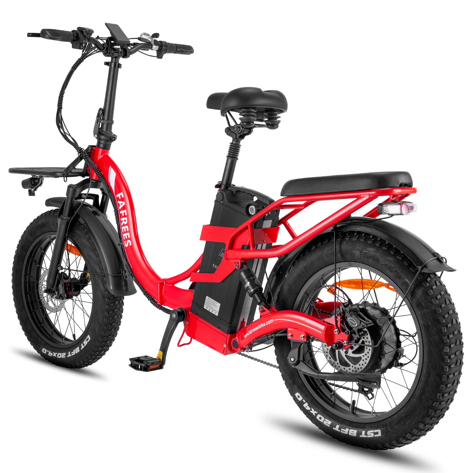 Rotes Elektrofahrrad mit schwarzen Reifen. Der Rahmen hat 'FAFREES'. Das Fahrrad hat einen Sitz, eine Batterie und einen Korb.