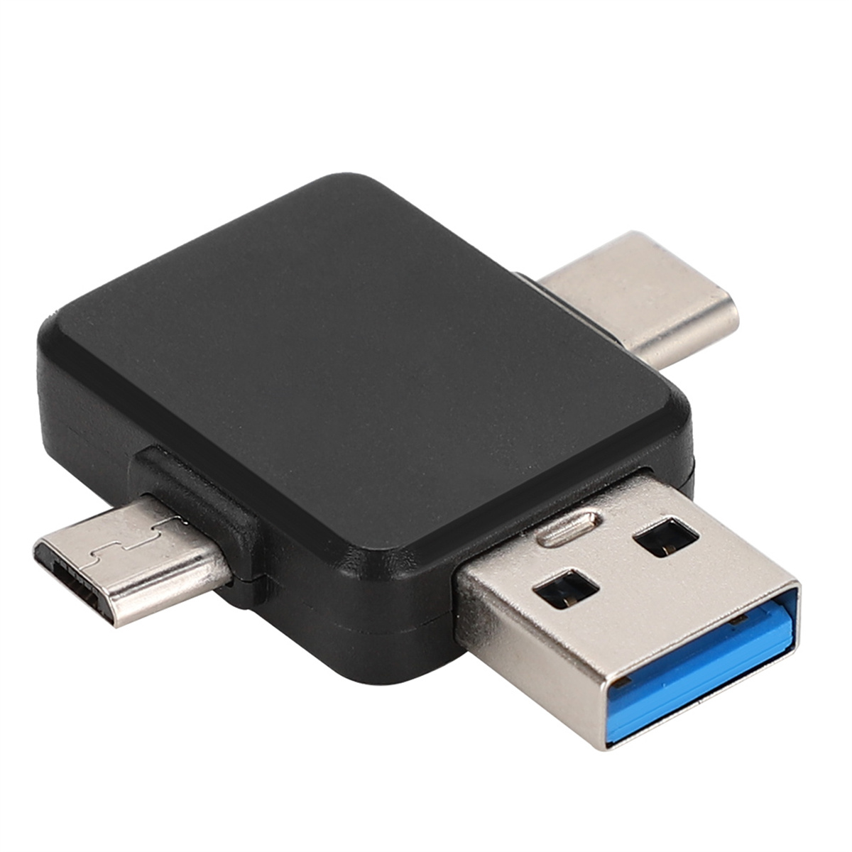 Schwarzer USB-Adapter mit drei Anschlüssen: USB, Micro-USB und USB-C.