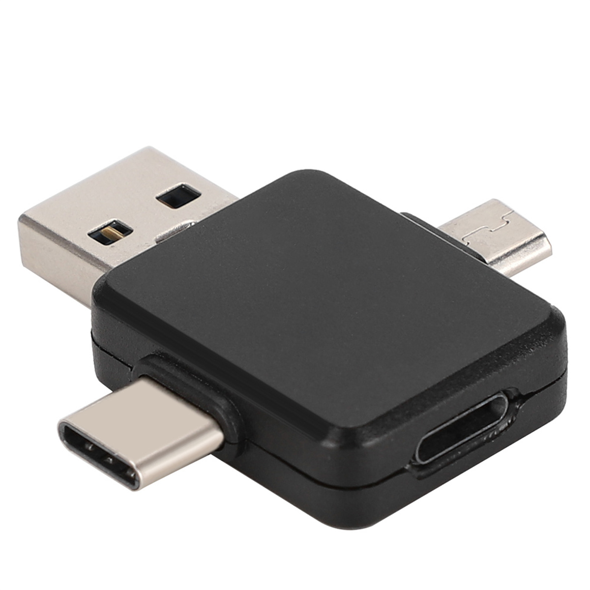 Schwarzer USB-Adapter mit USB-, Typ-C- und Micro-USB-Anschlüssen. Abgewinkeltes, kompaktes Design.