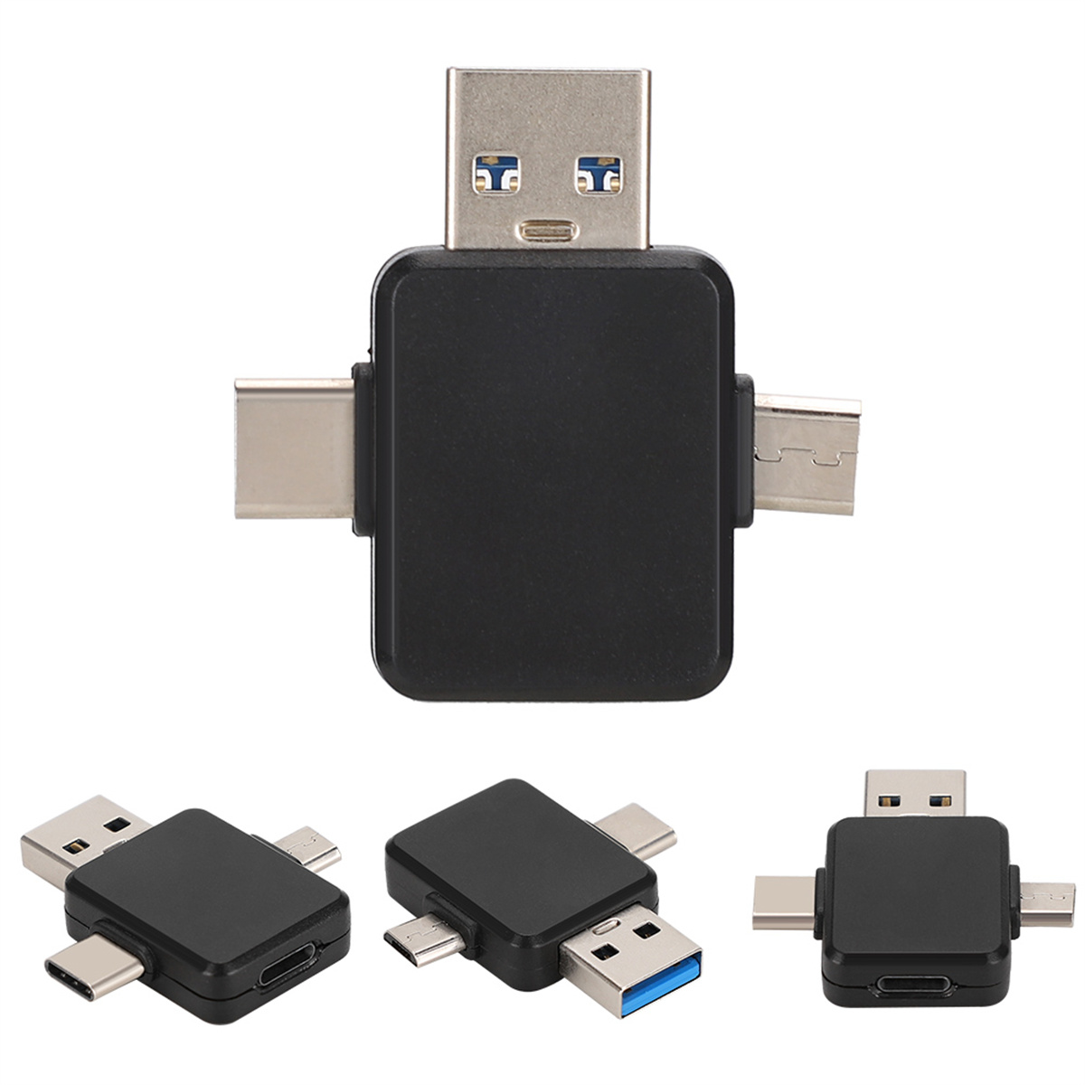 Ein schwarzer USB-Adapter mit mehreren Anschlüssen: USB, USB-C und Micro-USB, aus verschiedenen Winkeln betrachtet.