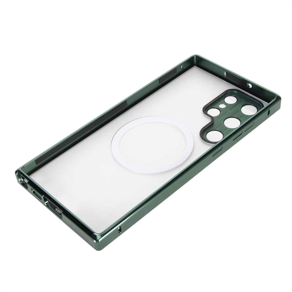 Eine grüne Hülle für ein Telefon mit klarer Rückseite und weißem Ring. Es liegt auf einer weißen Oberfläche.